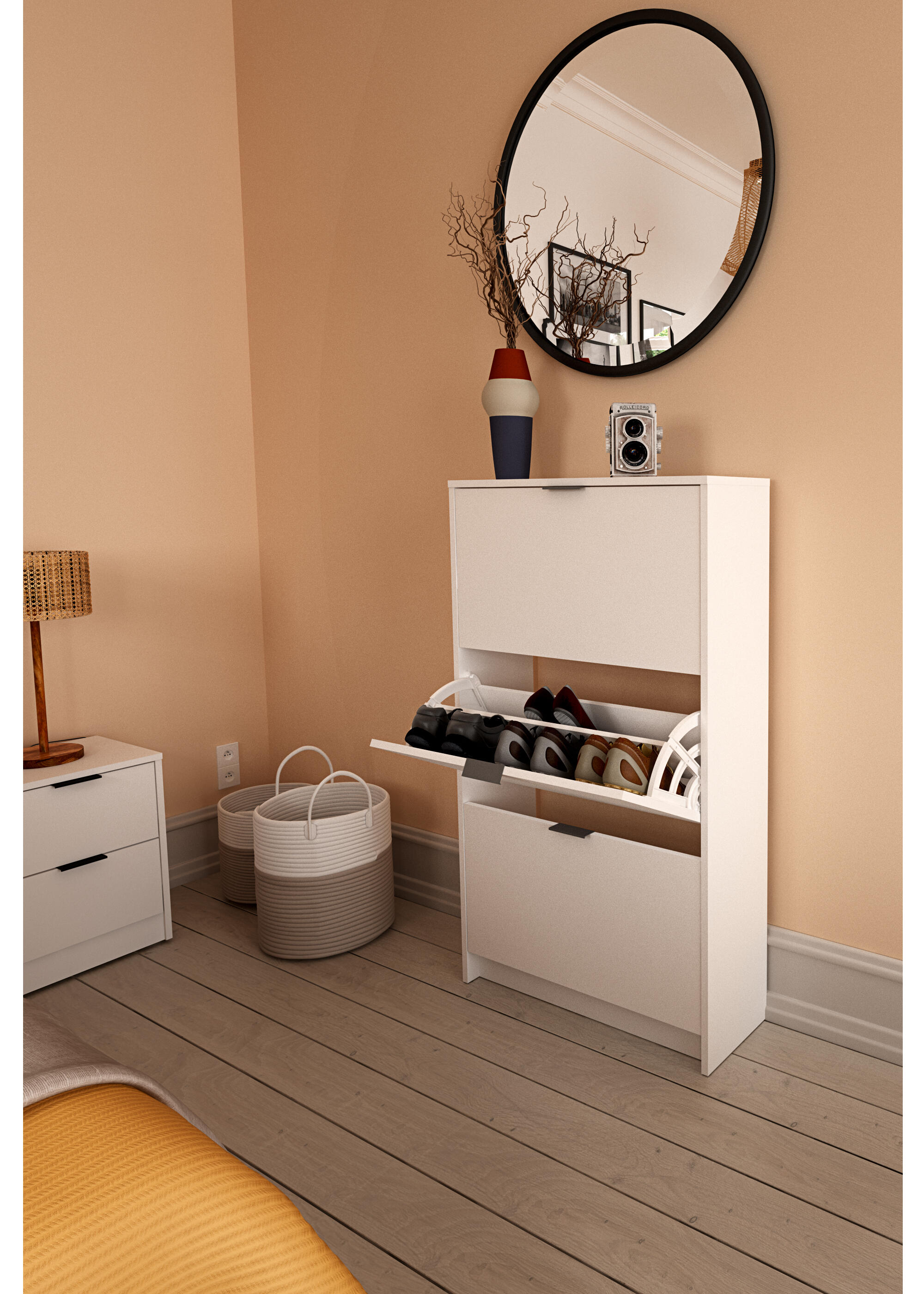 Zapatero One con 2 compartimentos para 18 pares en melamina color blanco 70x120x25 cm - 3