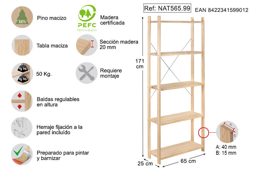 Estantería de madera en pino macizo ASTIGARRAGA 171x65x25cm - 2