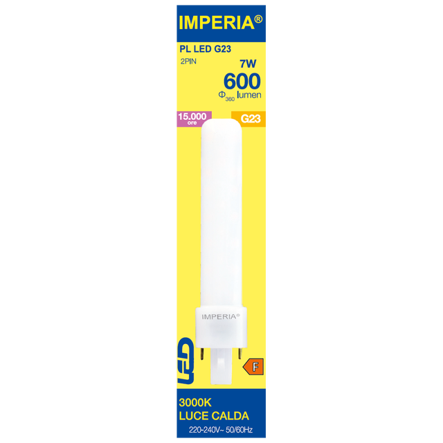 Lampadina LED PL LED G23, G23 tubo, smerigliato, luce calda, 7W = 600 LM classe energetica F, 270°, IMPERIA