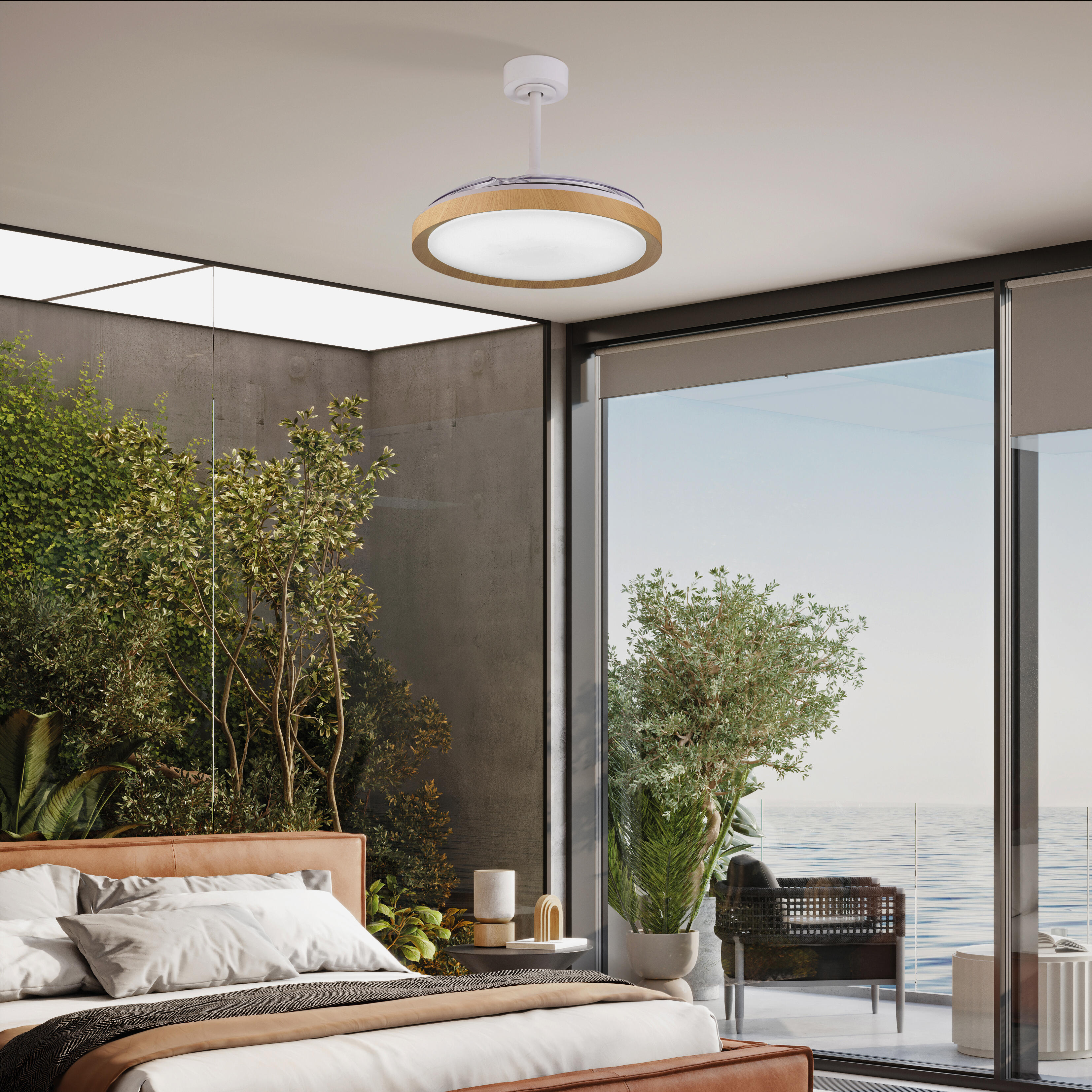 Ventilador de techo con luz silencioso DC 28W con mando ø106 cm Mistral MANTRA marrón y blanco luz CCT 3 aspas retráctiles tipo lámpara| 6 velocidades| modo verano/invierno| brisa| recomendado de 13 a 20m² - 5