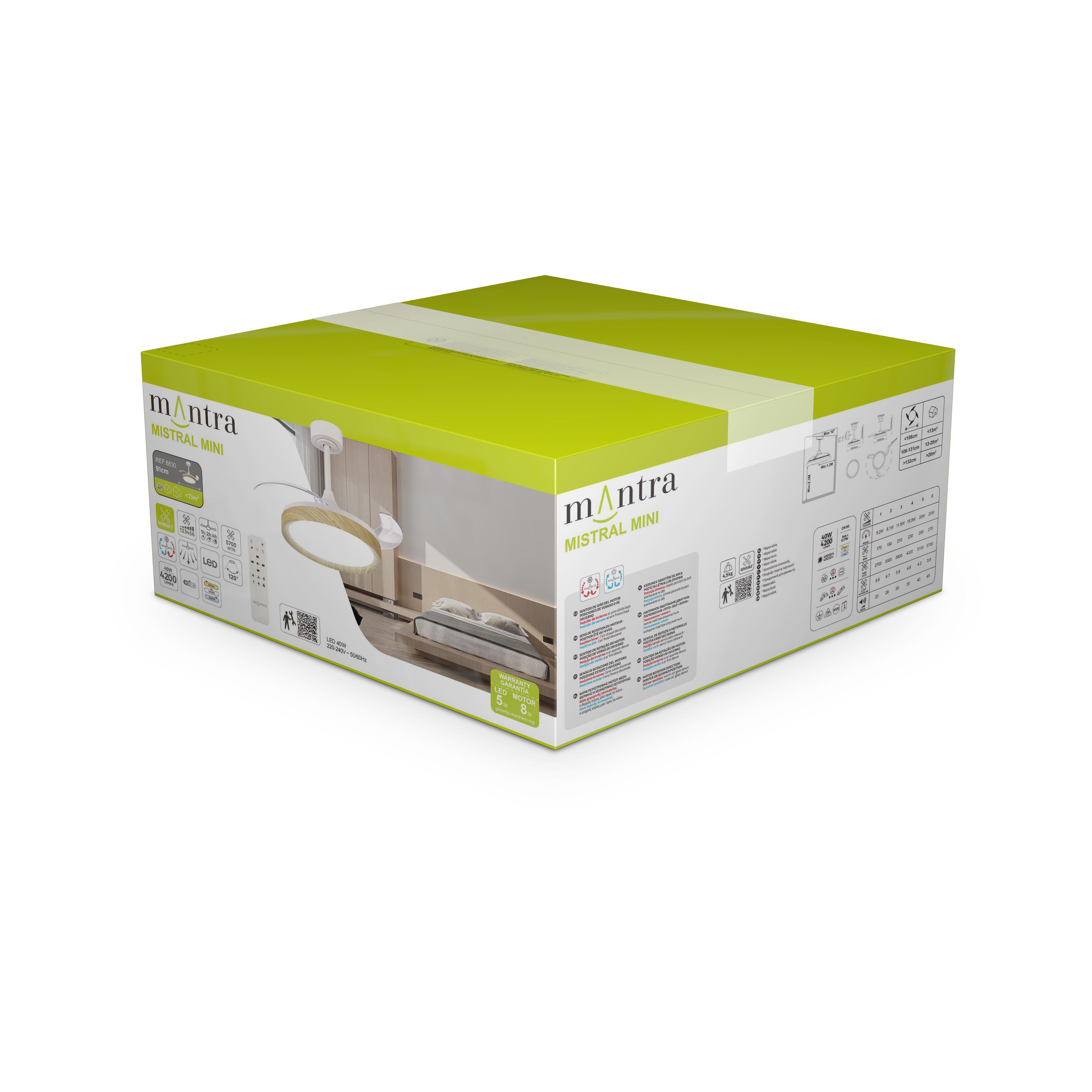 Ventilador de techo con luz silencioso DC 25W con mando ø91 cm Mistral Mini MANTRA marrón y blanco luz CCT 3 aspas retráctiles tipo lámpara| 6 velocidades| modo verano/invierno| brisa| recomendado para <13m² - 9