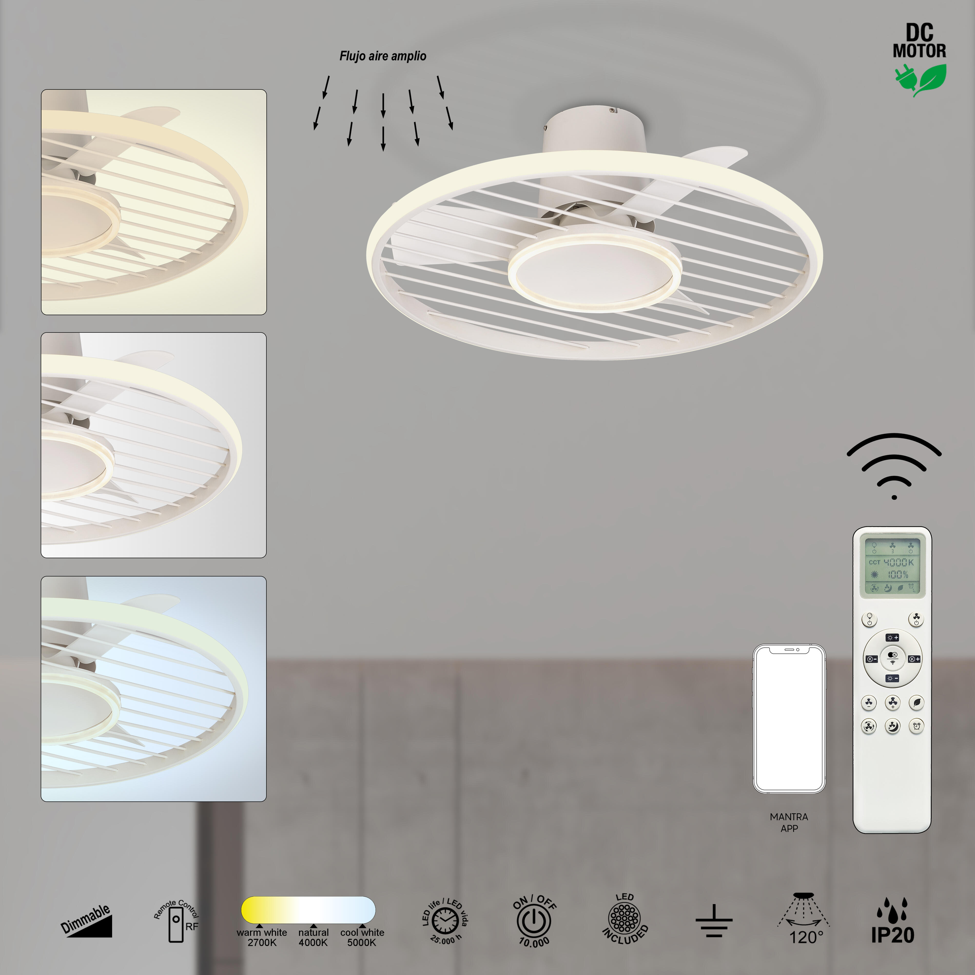 Ventilador de techo con luz sin aspas silencioso DC Mantra Soho blanco 66 cm - 6