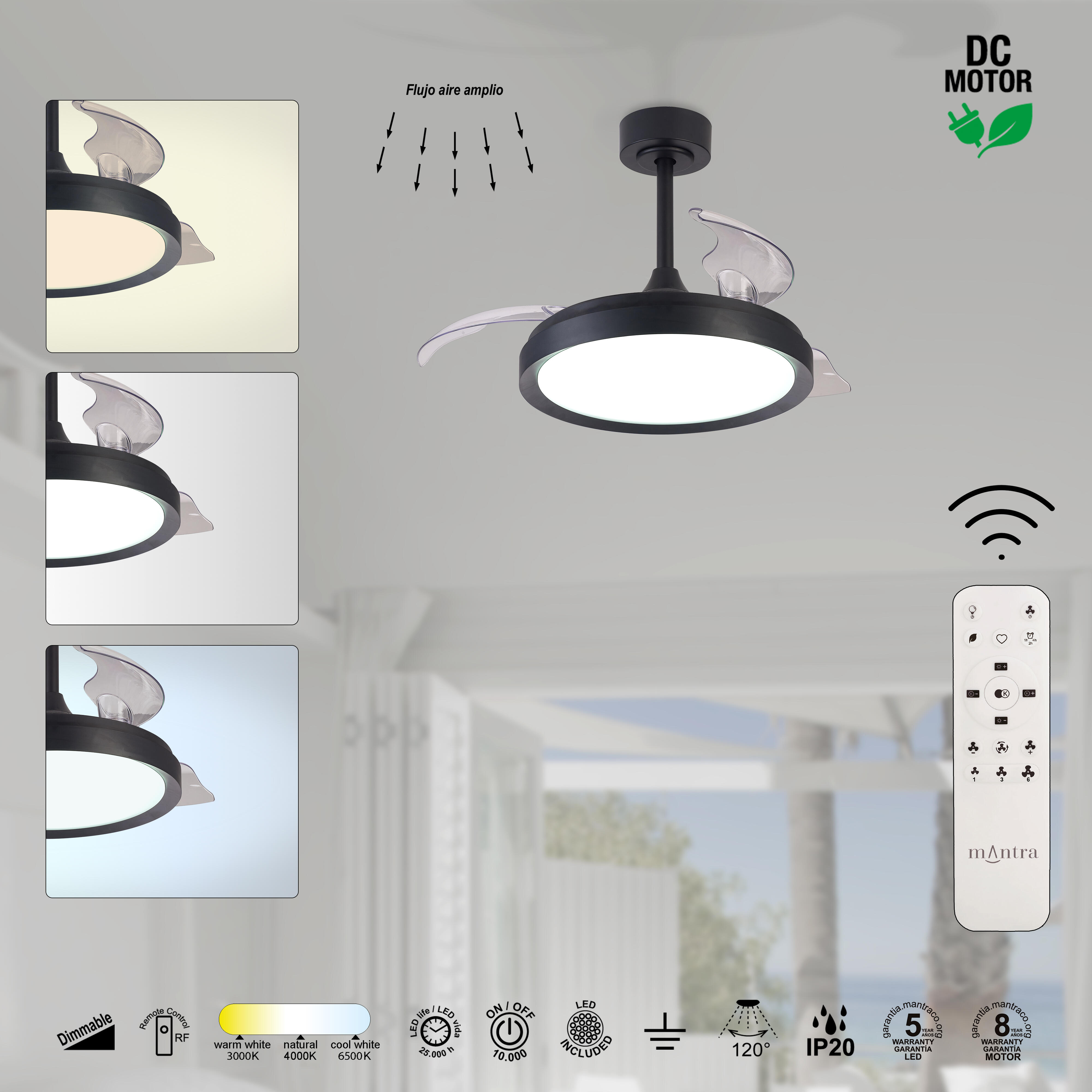 Ventilador de techo con luz silencioso DC 25W con mando ø91 cm Mistral Mini MANTRA negro luz CCT 3 aspas retráctiles tipo lámpara| 6 velocidades| modo verano/invierno| brisa| recomendado para <13m² - 10