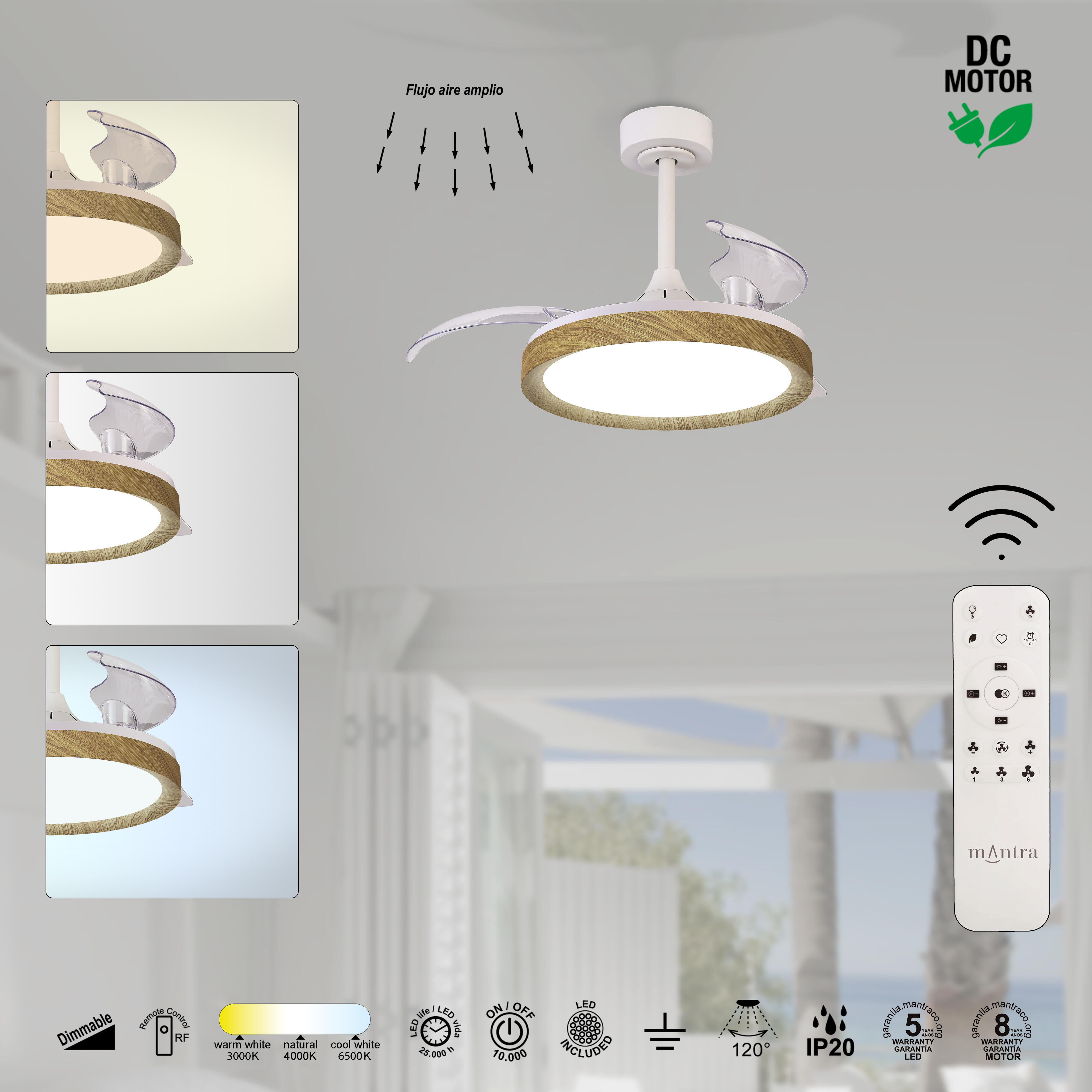 Ventilador de techo con luz silencioso DC 25W con mando ø91 cm Mistral Mini MANTRA marrón y blanco luz CCT 3 aspas retráctiles tipo lámpara| 6 velocidades| modo verano/invierno| brisa| recomendado para <13m² - 10