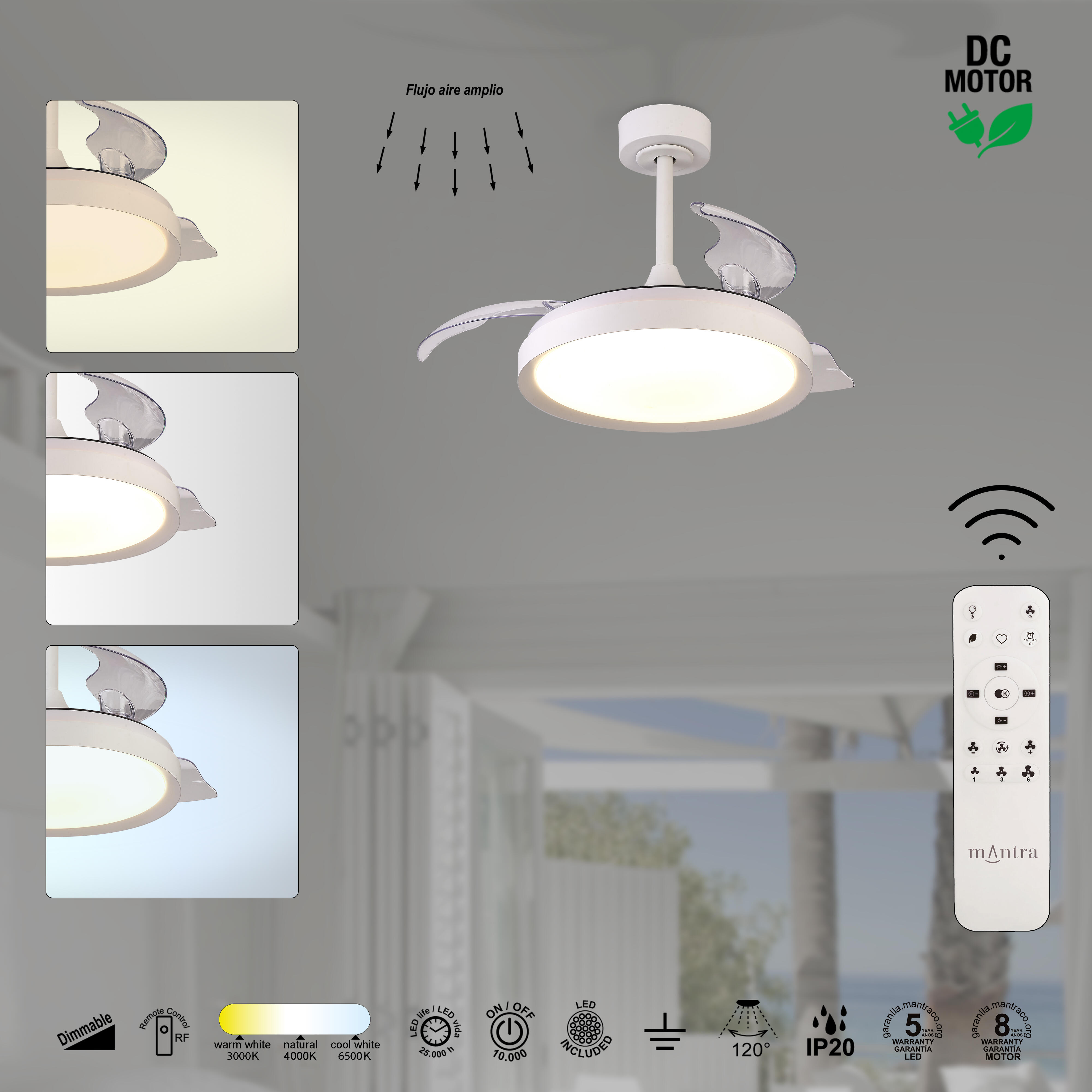 Ventilador de techo con luz silencioso DC 25W con mando ø91 cm Mistral Mini MANTRA blanco luz CCT 3 aspas retráctiles tipo lámpara| 6 velocidades| modo verano/invierno| brisa| recomendado para <13m² - 11