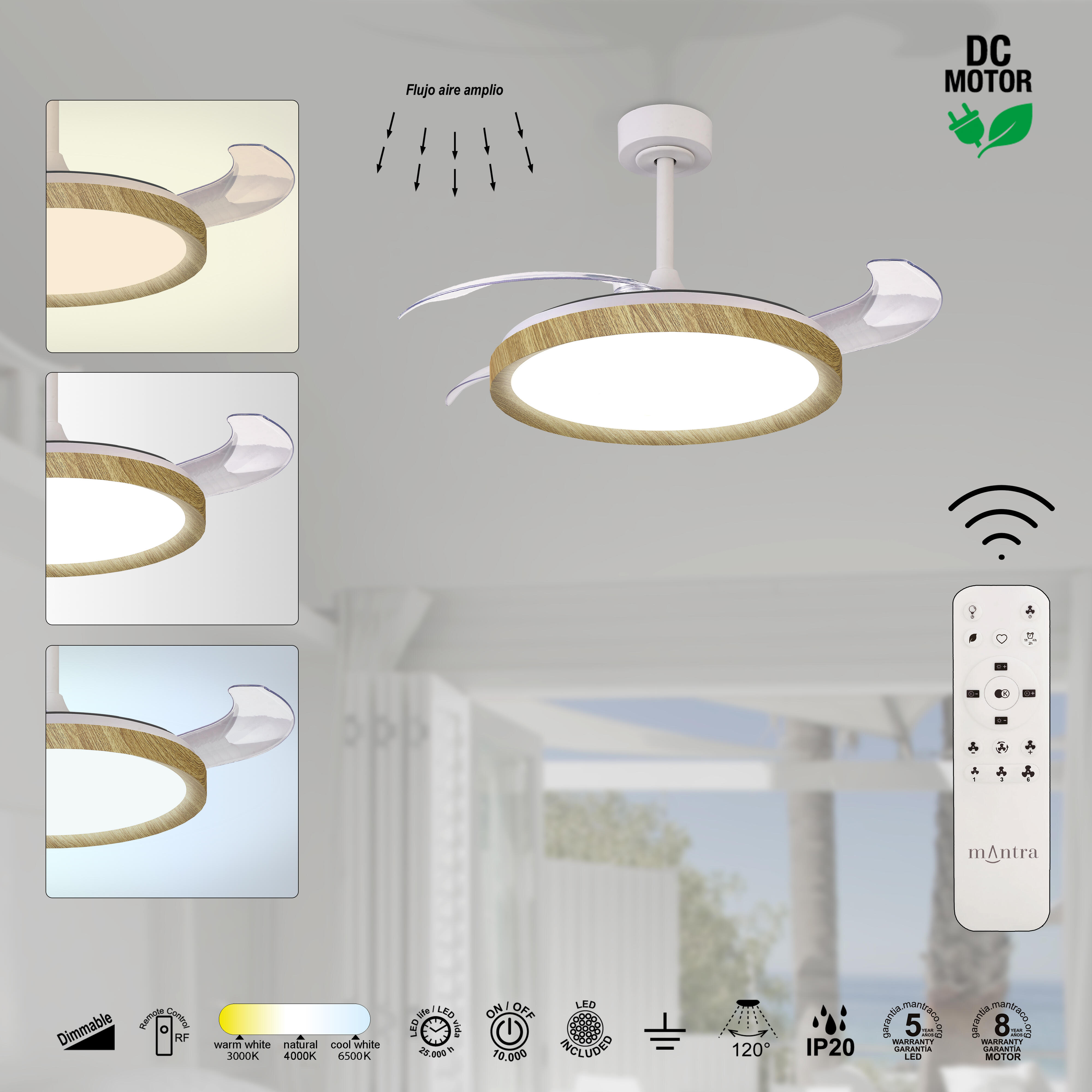 Ventilador de techo con luz silencioso DC 28W con mando ø106 cm Mistral MANTRA marrón y blanco luz CCT 3 aspas retráctiles tipo lámpara| 6 velocidades| modo verano/invierno| brisa| recomendado de 13 a 20m² - 10