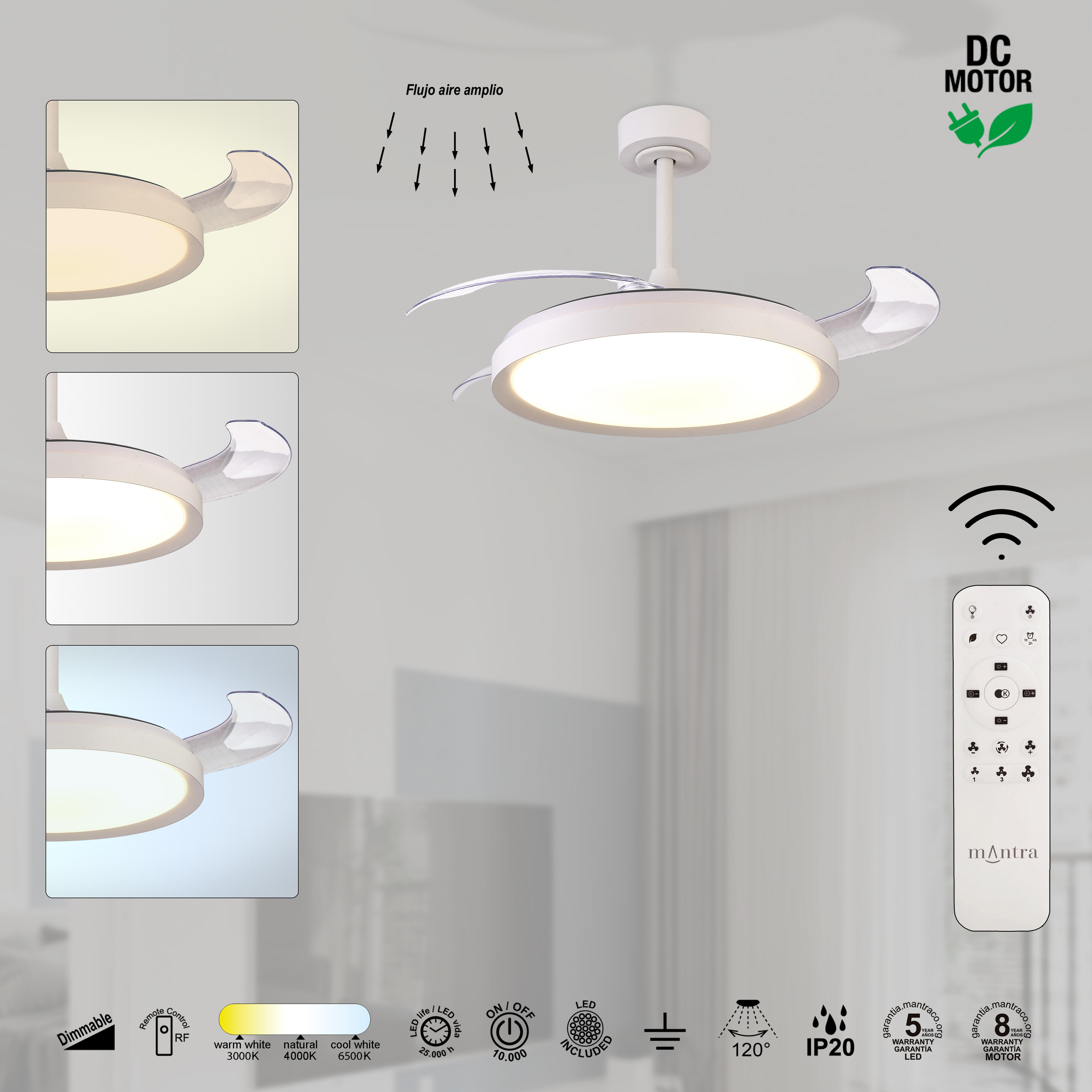 Ventilador de techo con luz silencioso DC 28W con mando ø106 cm Mistral MANTRA blanco luz CCT 3 aspas retráctiles tipo lámpara| 6 velocidades| modo verano/invierno| brisa| recomendado de 13 a 20m² - 10