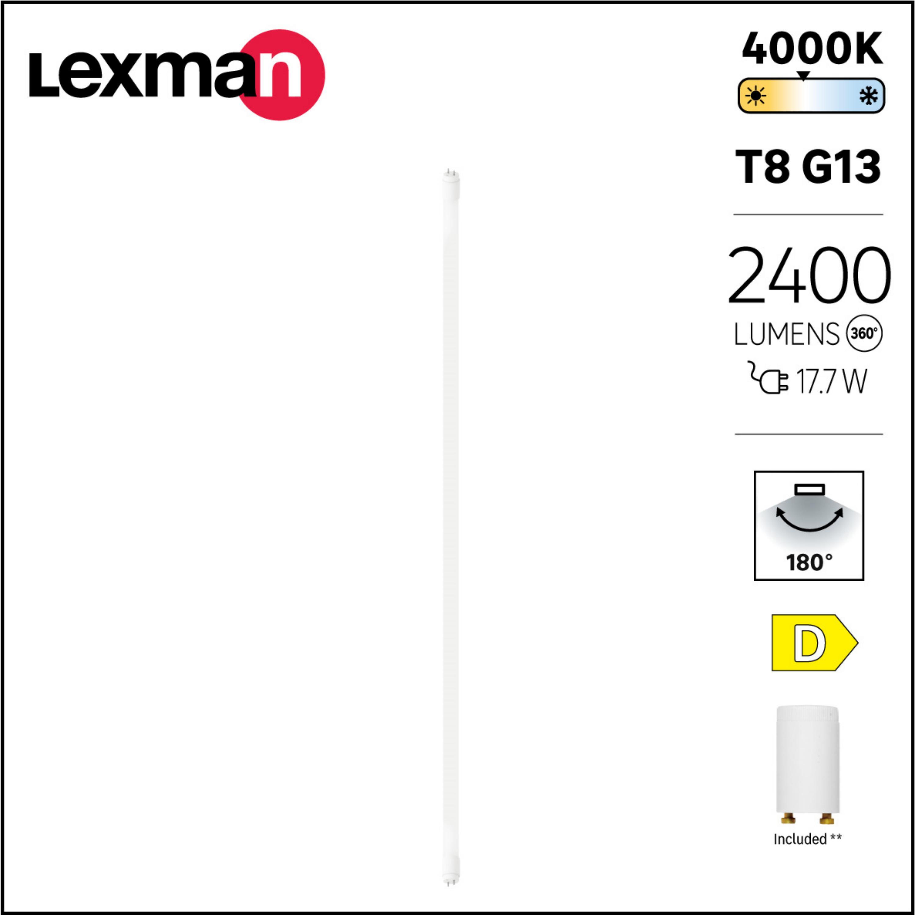 Tube led G13, 2400lm = 58W, blanc neutre, LEXMAN - 2