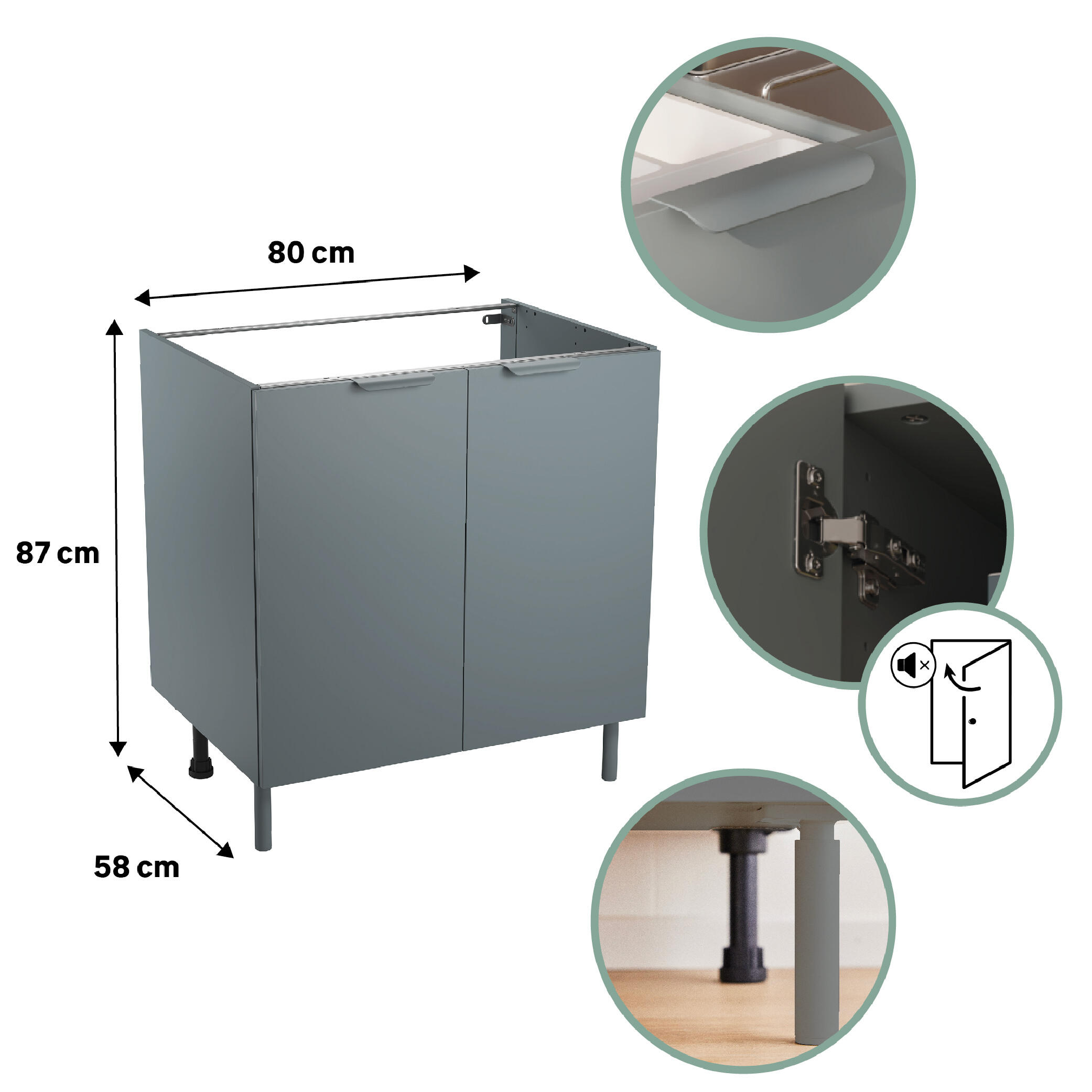 Meuble bas de cuisine Eleki gris 2 portes H87.1 x l80 - 5