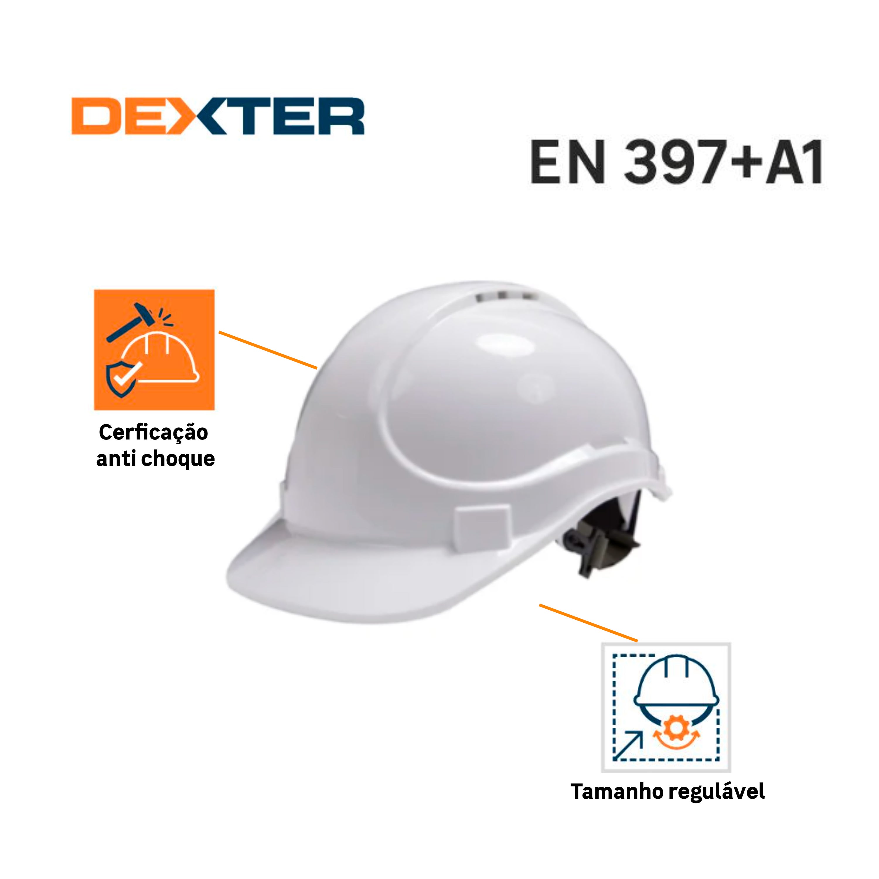 Capacete de segurança regulável com fivela de queixo HDPE e PVC branco Dexter - 3