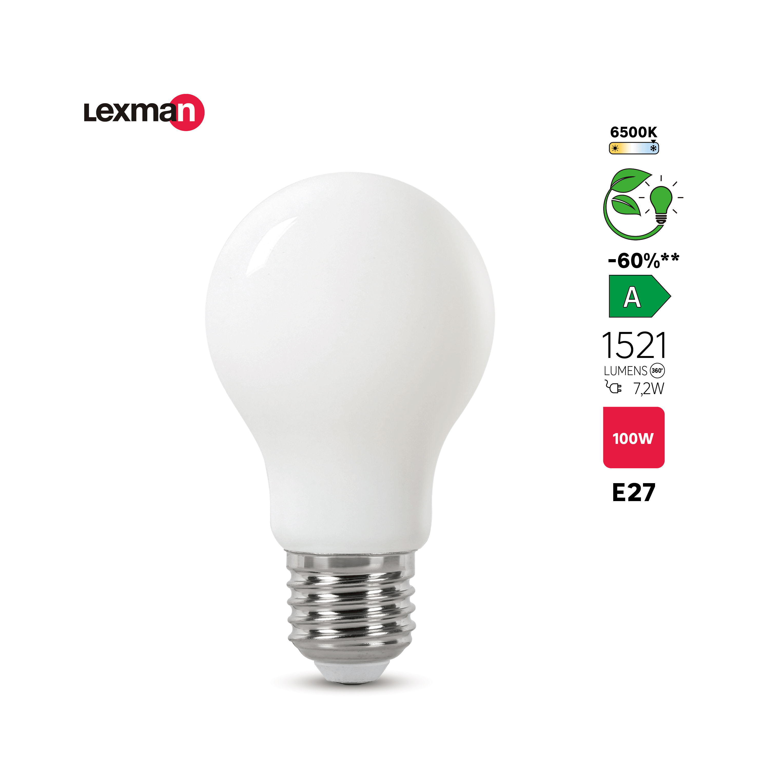Bombilla LED filamento E27 clase A (mayor ahorro energético) 1521 lúmenes 7.2W color de la luz blanco frío 6500K CRI 89-80 luz natural y fiel - 4