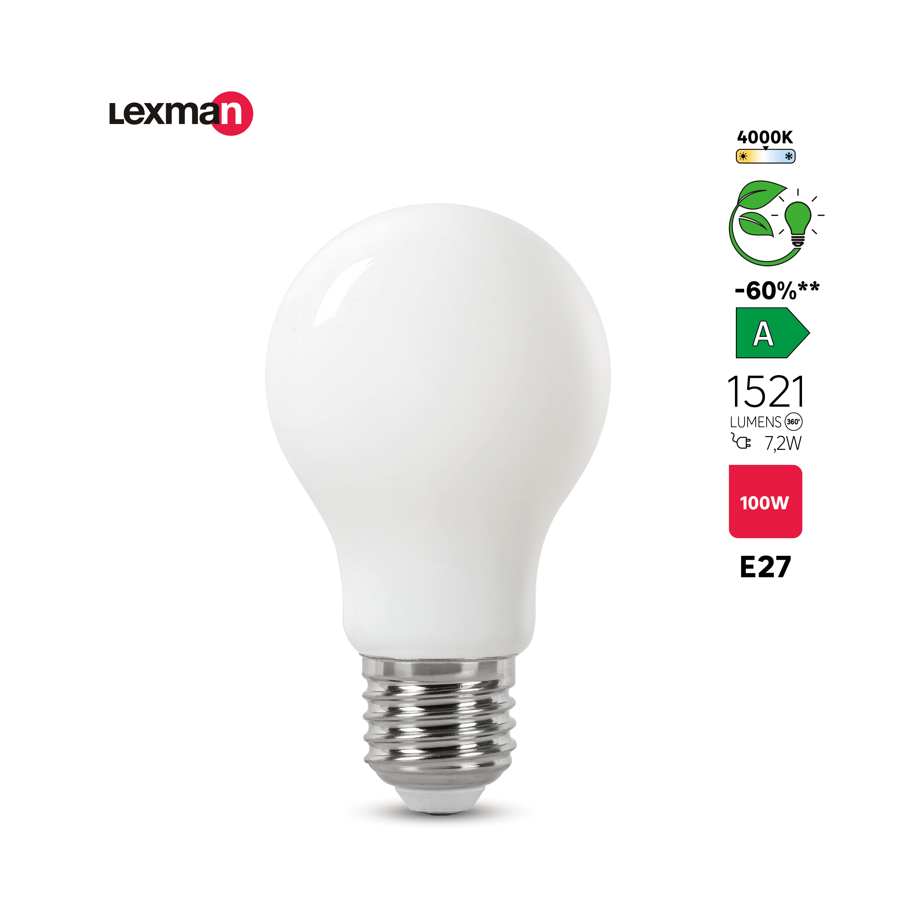 Bombilla LED filamento E27 clase A (mayor ahorro energético) 1521 lúmenes 7.2W color de la luz blanco neutro 4000K CRI 89-80 luz natural y fiel - 4