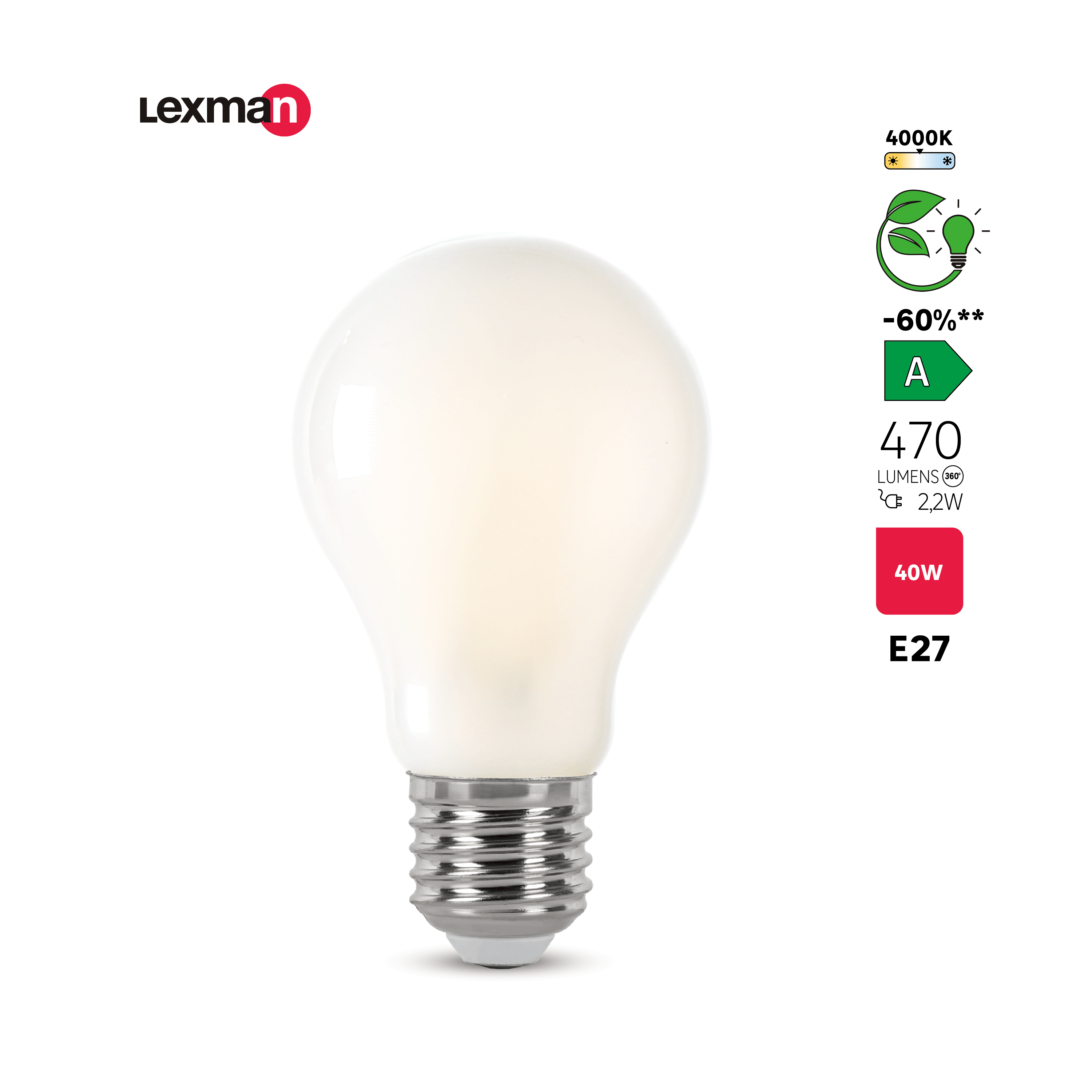 Ampoule led,  E27, 470lm, classe énergétique A, blanc neutre, LEXMAN - 3