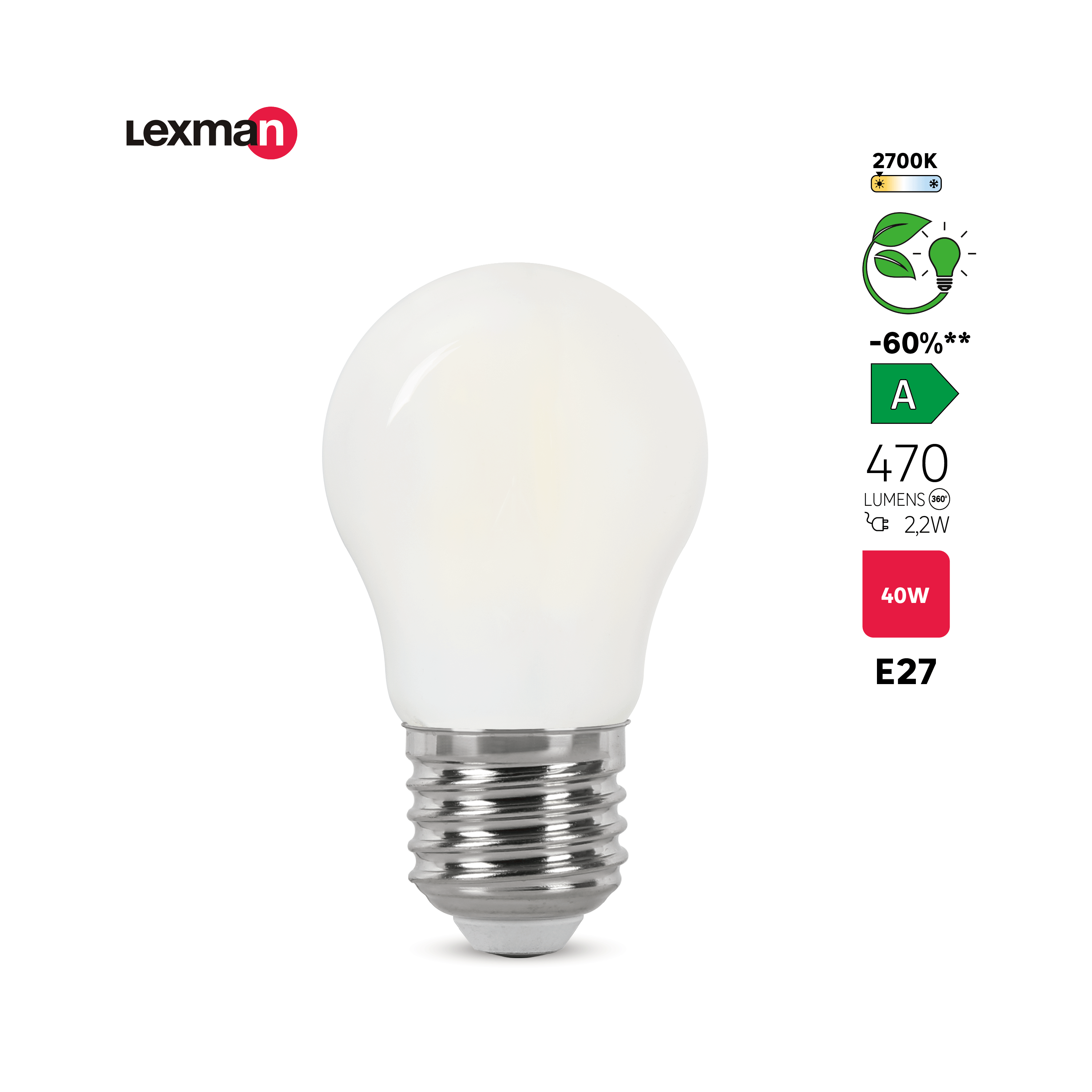 Ampoule led,  E27, 470lm, classe énergétique A, blanc chaud, LEXMAN - 3