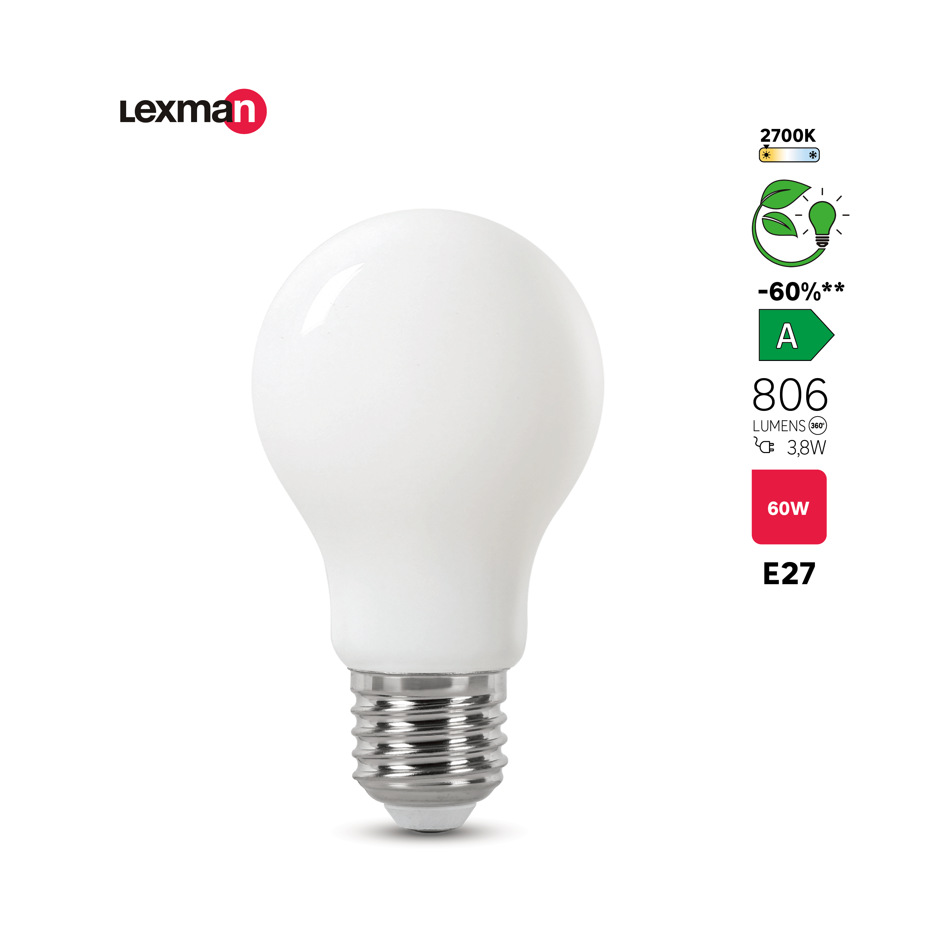 Bombilla led filamento e27 estándar 806 lm blanco cálido clase a
