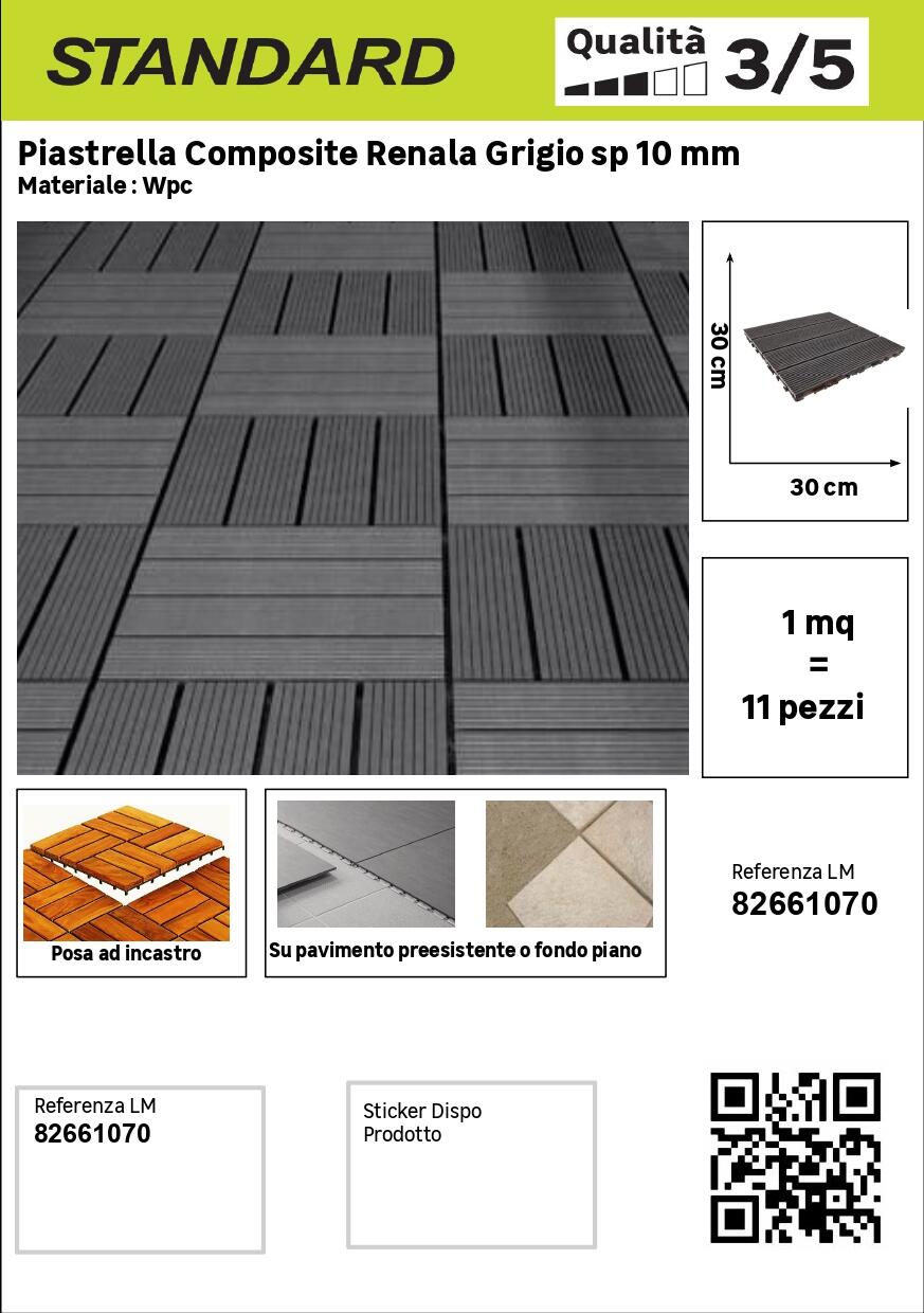 Piastrella d'appoggio a incastro da esterno in composito di legno e plastica (wpc) effetto legno grigio L 30 x L 30 cm x Sp. 23 mm Renala - 32