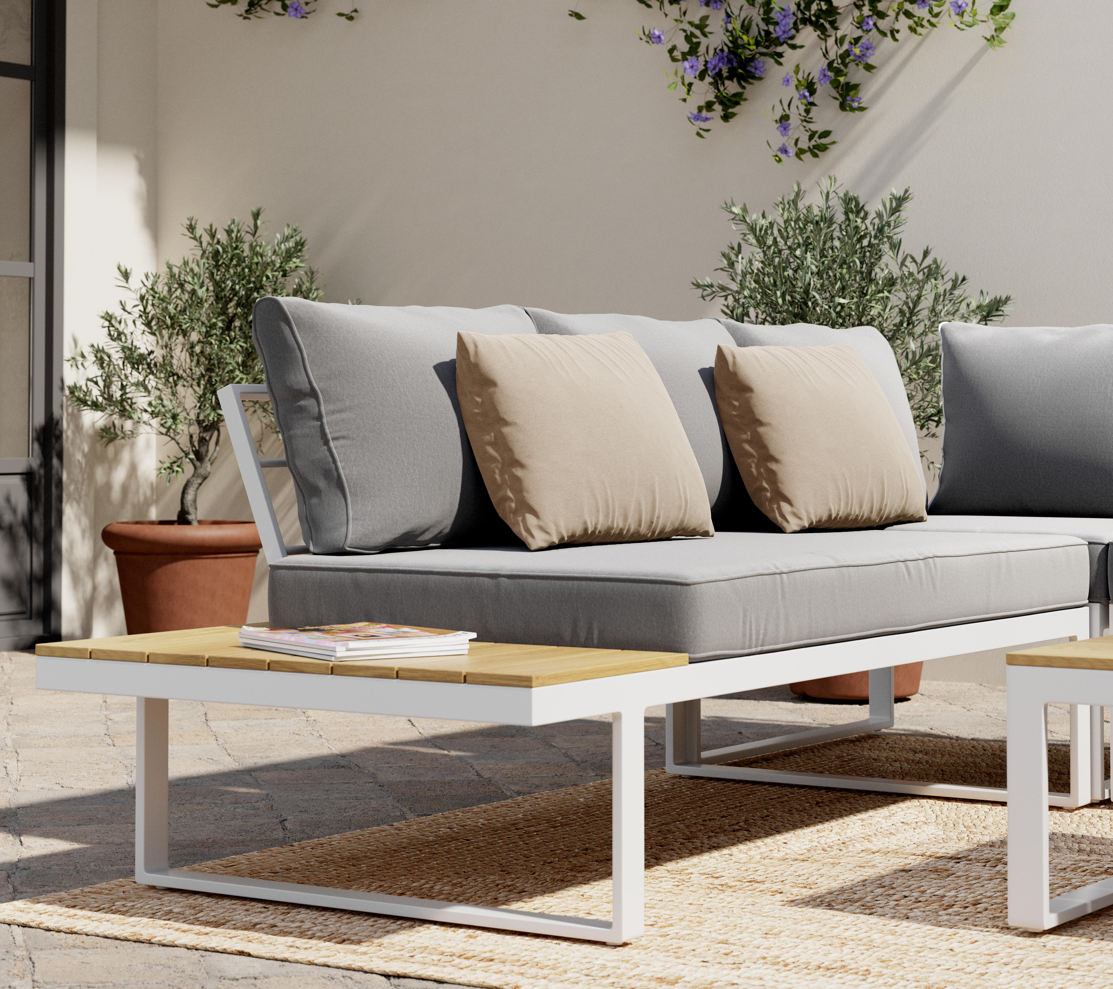 Salotto da giardino angolare per 5 persone bianco Capri con cuscini in poliestere bianco - 3