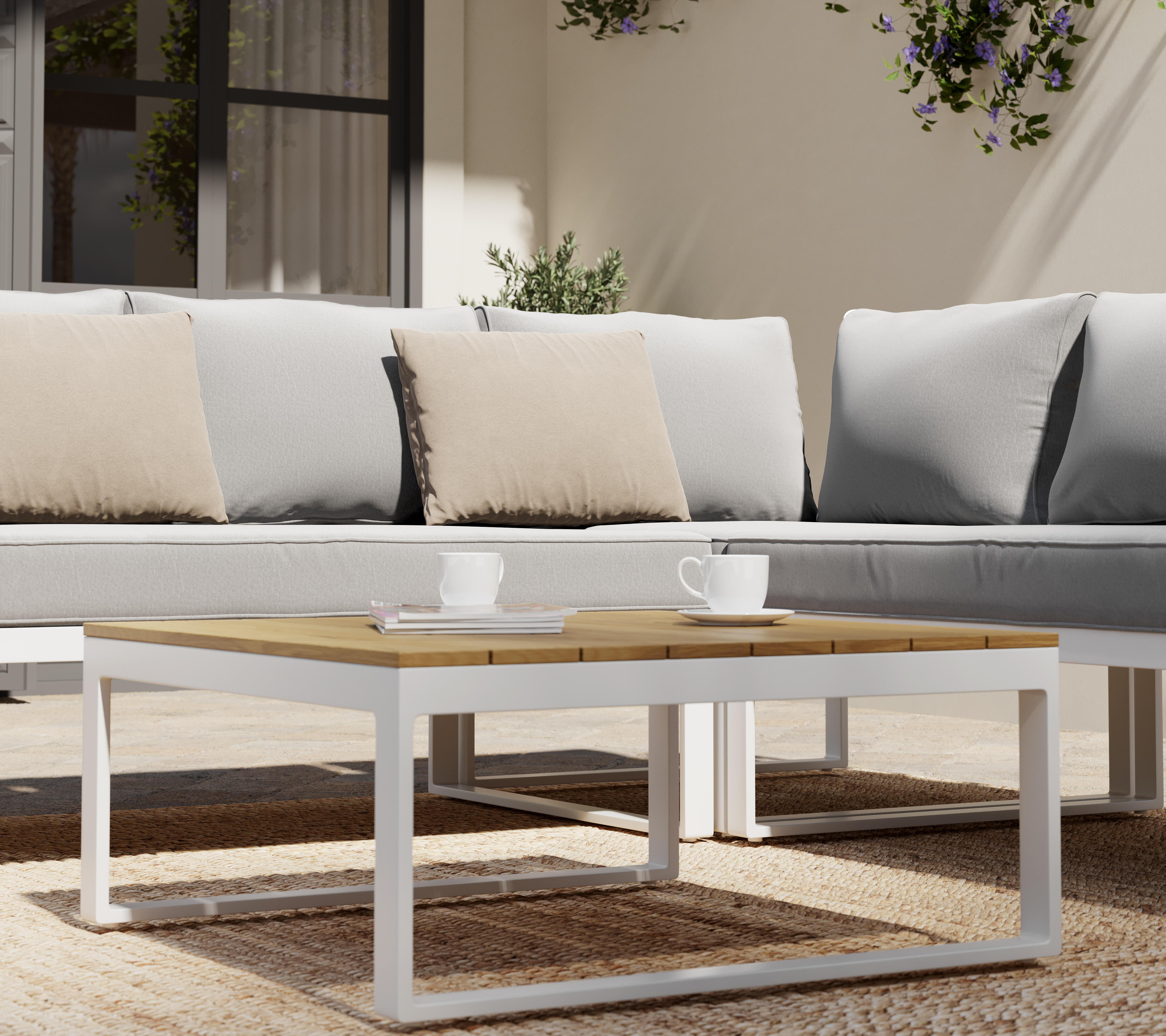 Salotto da giardino angolare per 5 persone bianco Capri con cuscini in poliestere bianco - 2