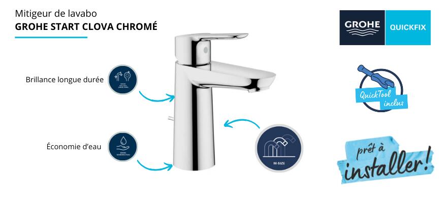 robinet de lavabo salle de bains grohe chromé bec medium  - 2