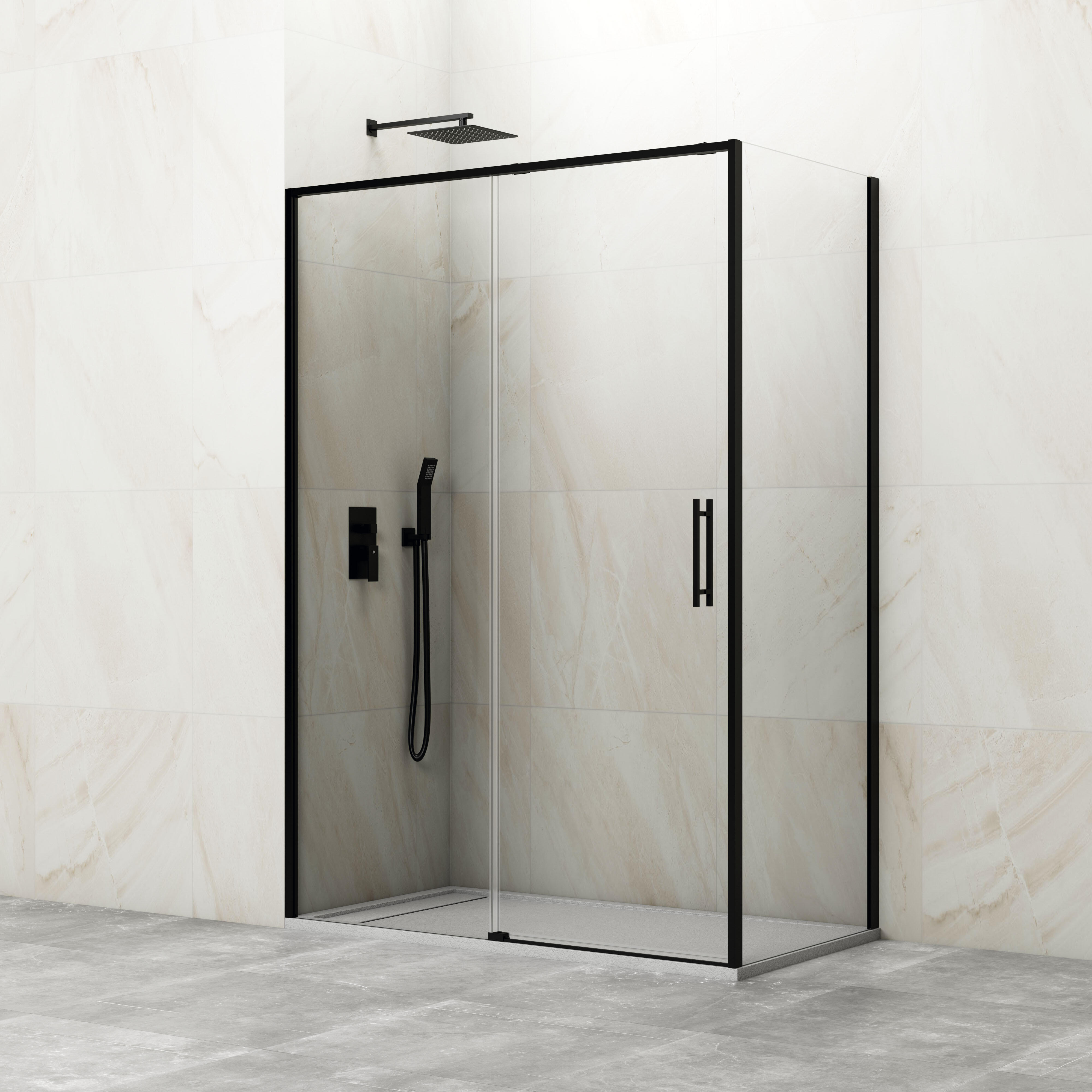 Mampara de ducha frontal con panel fijo lateral corredero transparente slim perfil negro (160-165)+80 x195 cm