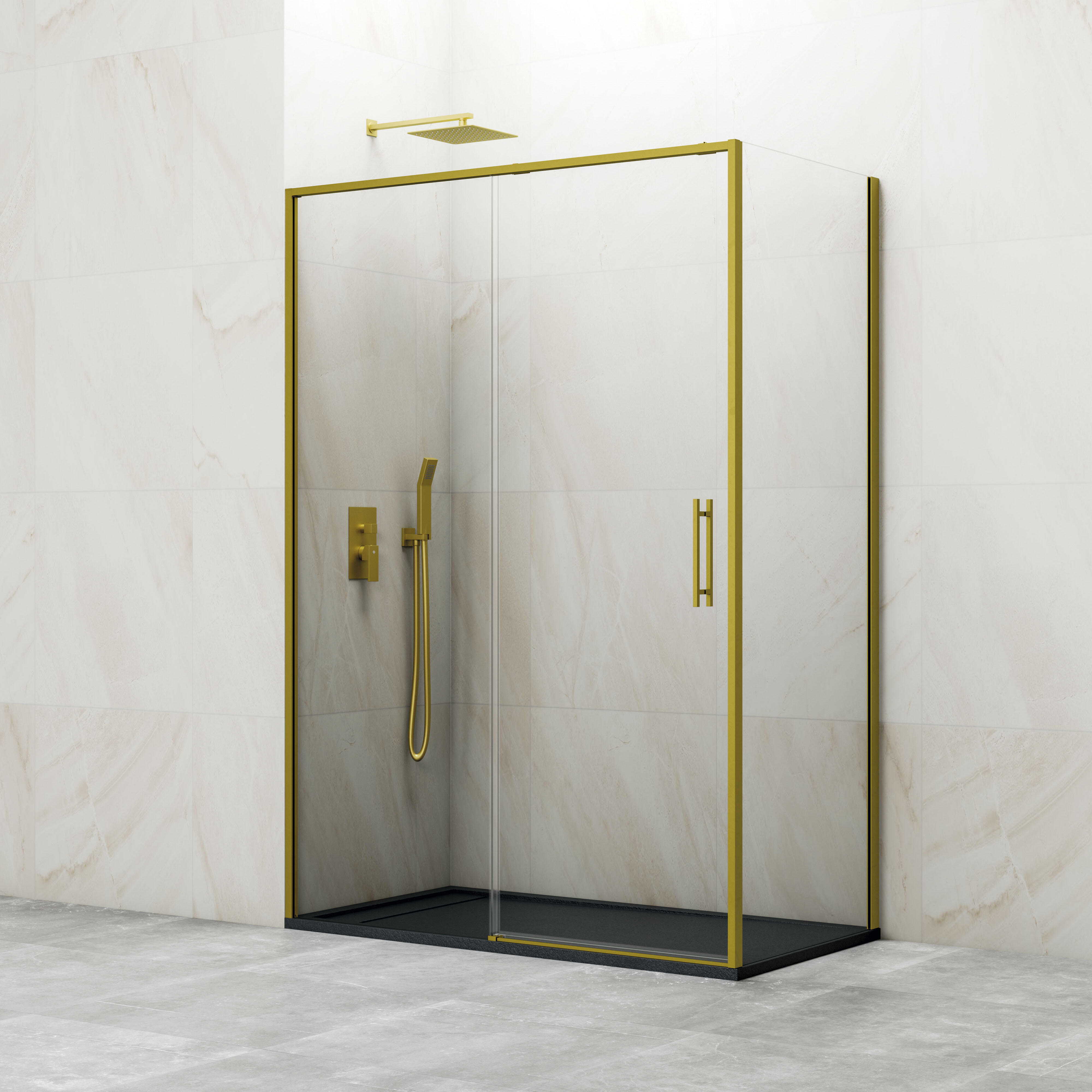 Mampara de ducha frontal con panel fijo lateral corredero transparente slim perfil dorado (120-125)+70 x195 cm
