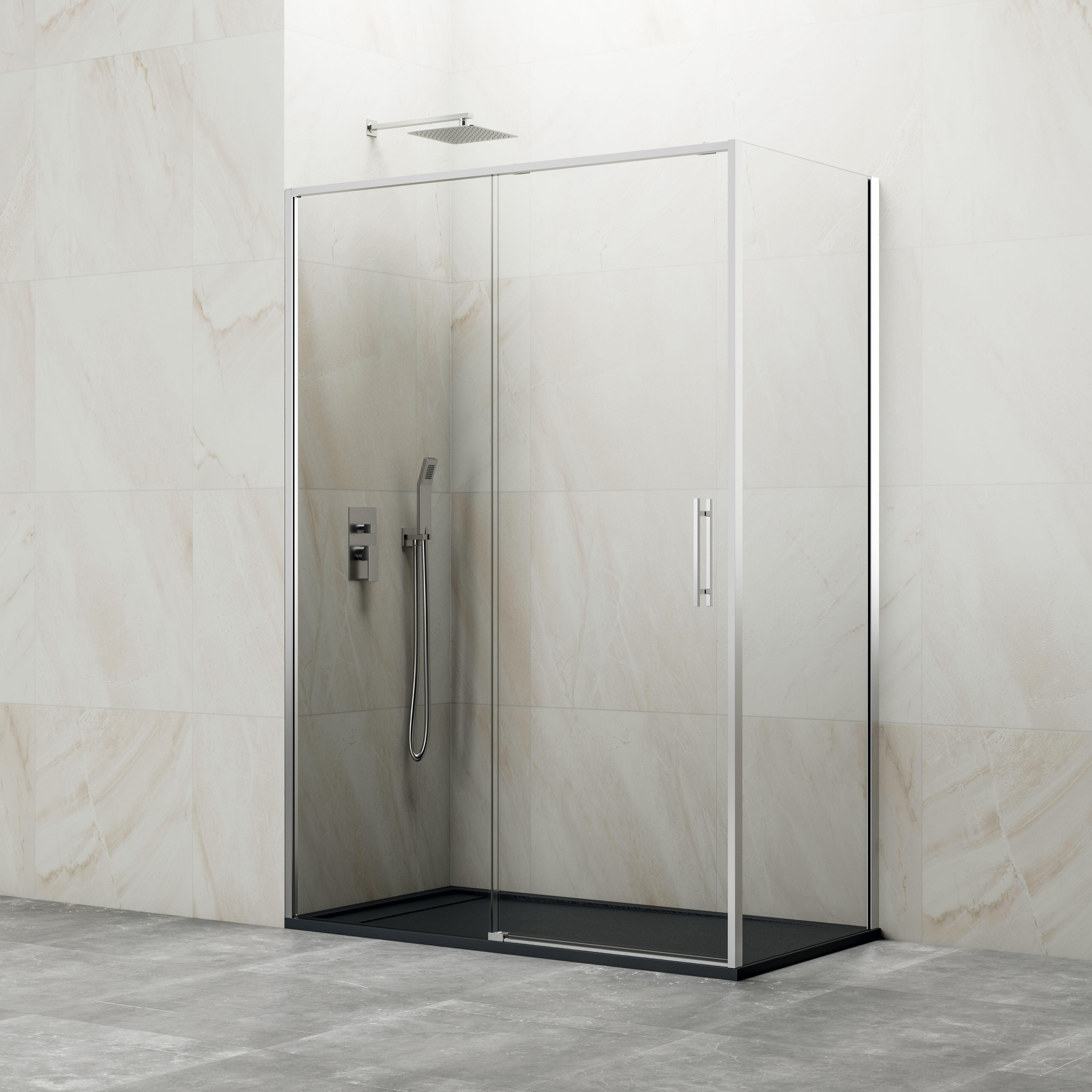 Mampara de ducha frontal con panel fijo lateral corredero transparente slim perfil cromo (115-120)+70 x195 cm