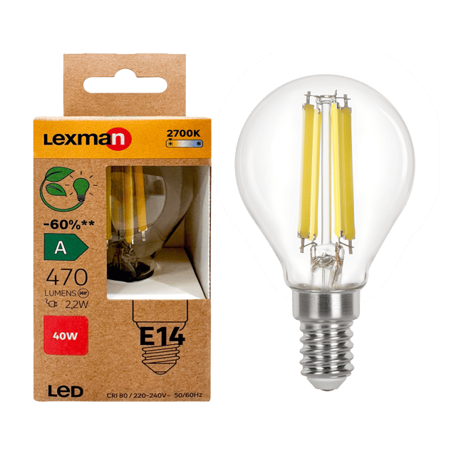 Ampoule led, sphérique E14, 470lm, classe énergétique A, blanc chaud, LEXMAN