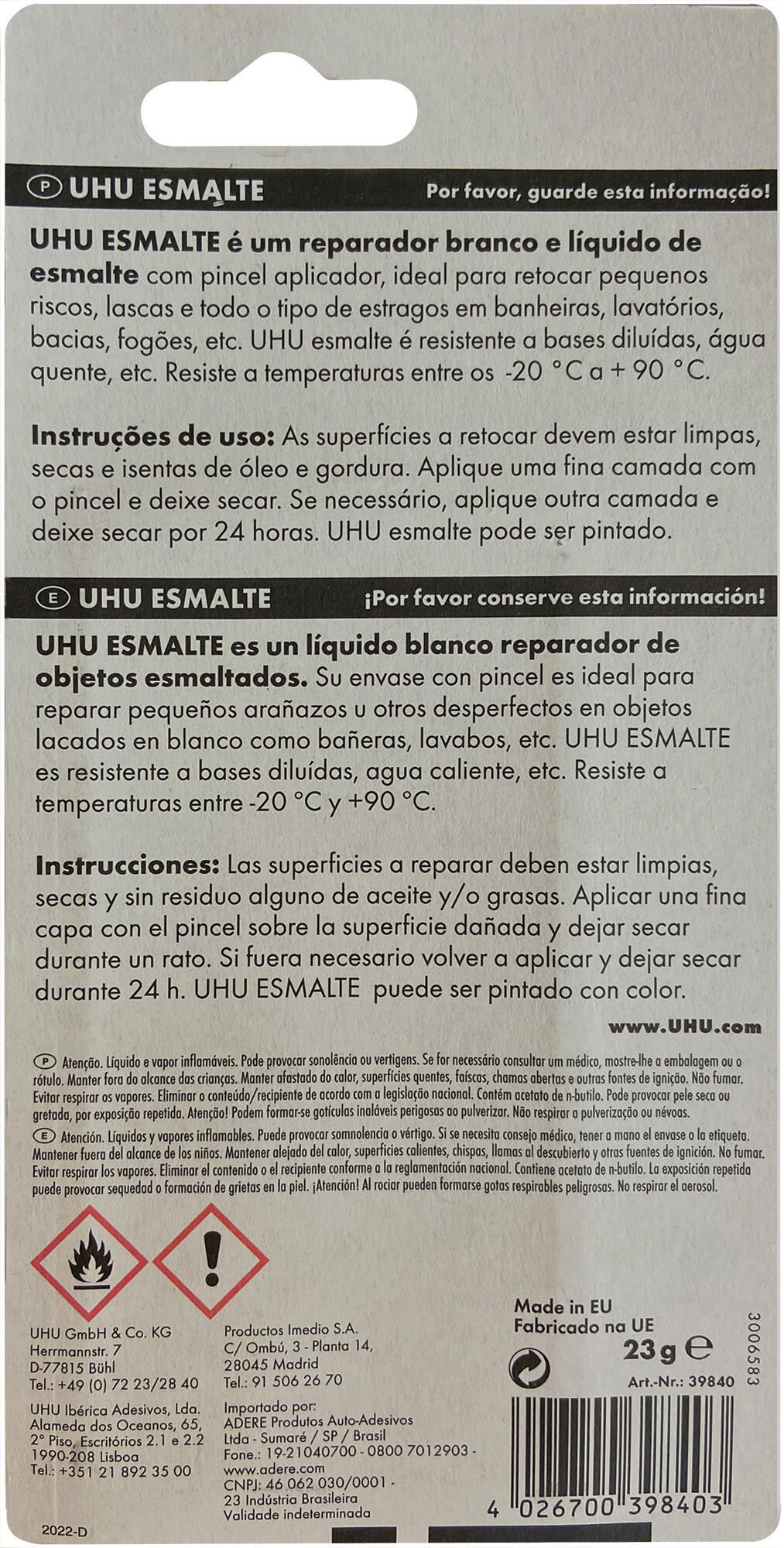 Reparador de esmalte loiça sanitária 23gr branco UHU - 3