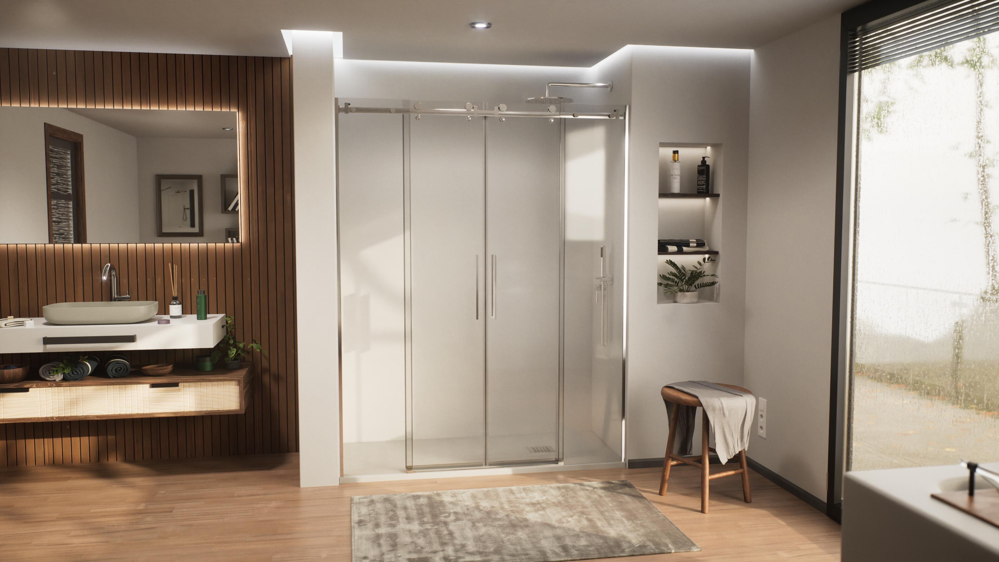 Mampara de ducha frontal 2 fijos + 2 puertas corredera transparente jani perfil acero inoxidable cromo (190-195)x200 cm cierre magnético marca doccia