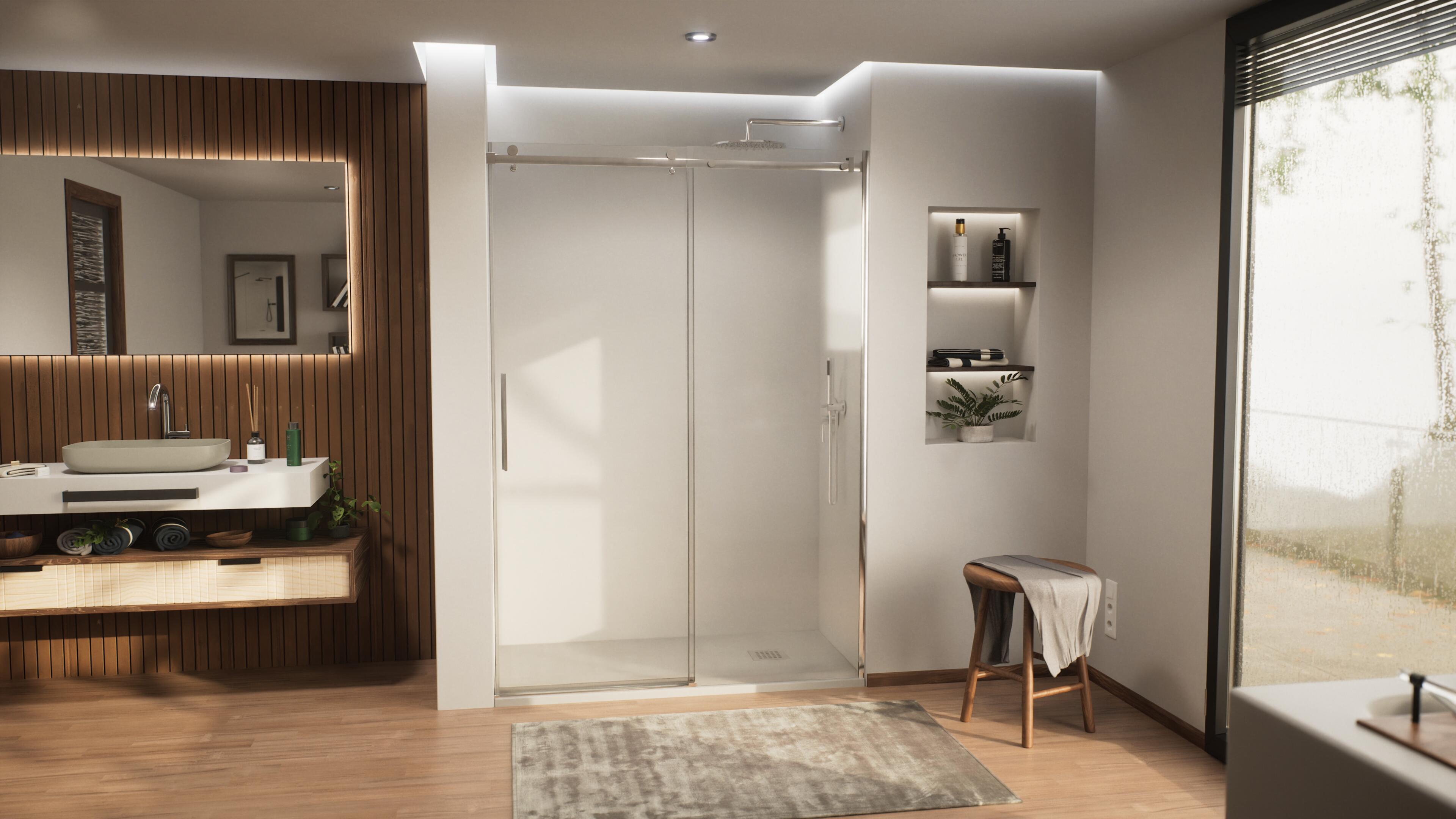 Mampara de ducha frontal 1 fijo + 1 puerta corredera transparente jani perfil acero inoxidable cromo (105-110)x200 cm cierre magnético marca doccia