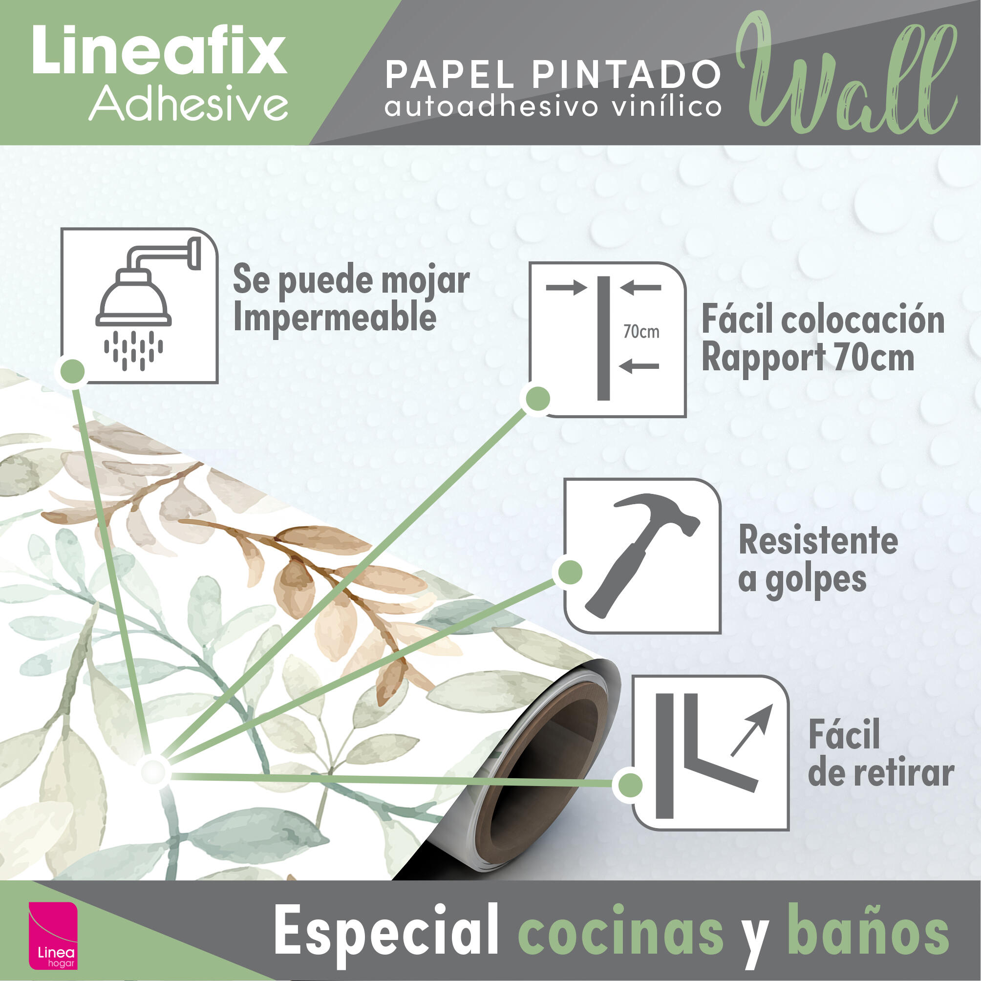 Papel pintado PVC adhesivo Botánico, plantas o floral Branches verde, blanco, marrón  LHD 65cmx2.8m superlavable. Apto para cocinas o baños - 9