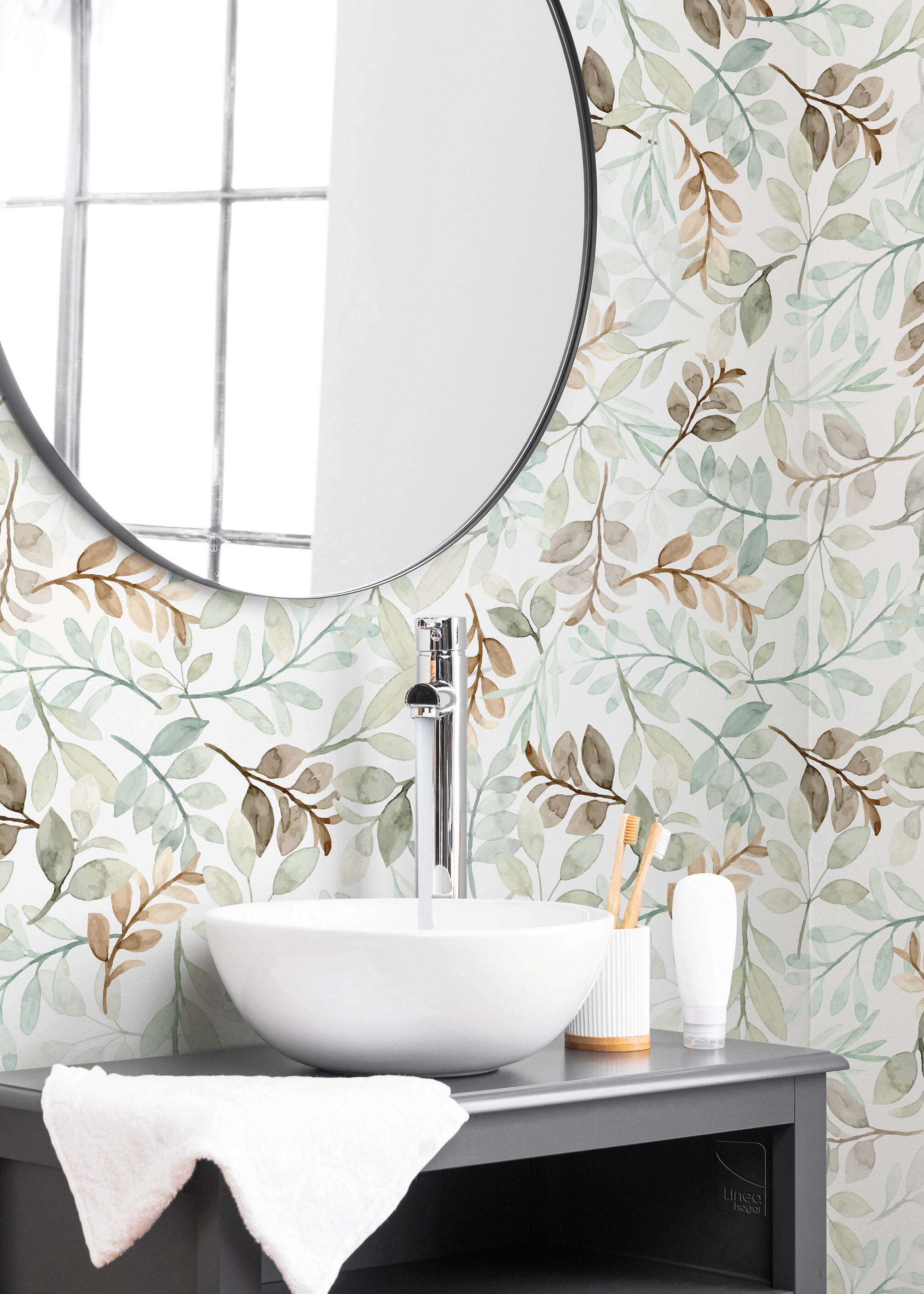 Papel pintado PVC adhesivo Botánico, plantas o floral Branches verde, blanco, marrón  LHD 65cmx2.8m superlavable. Apto para cocinas o baños - 2