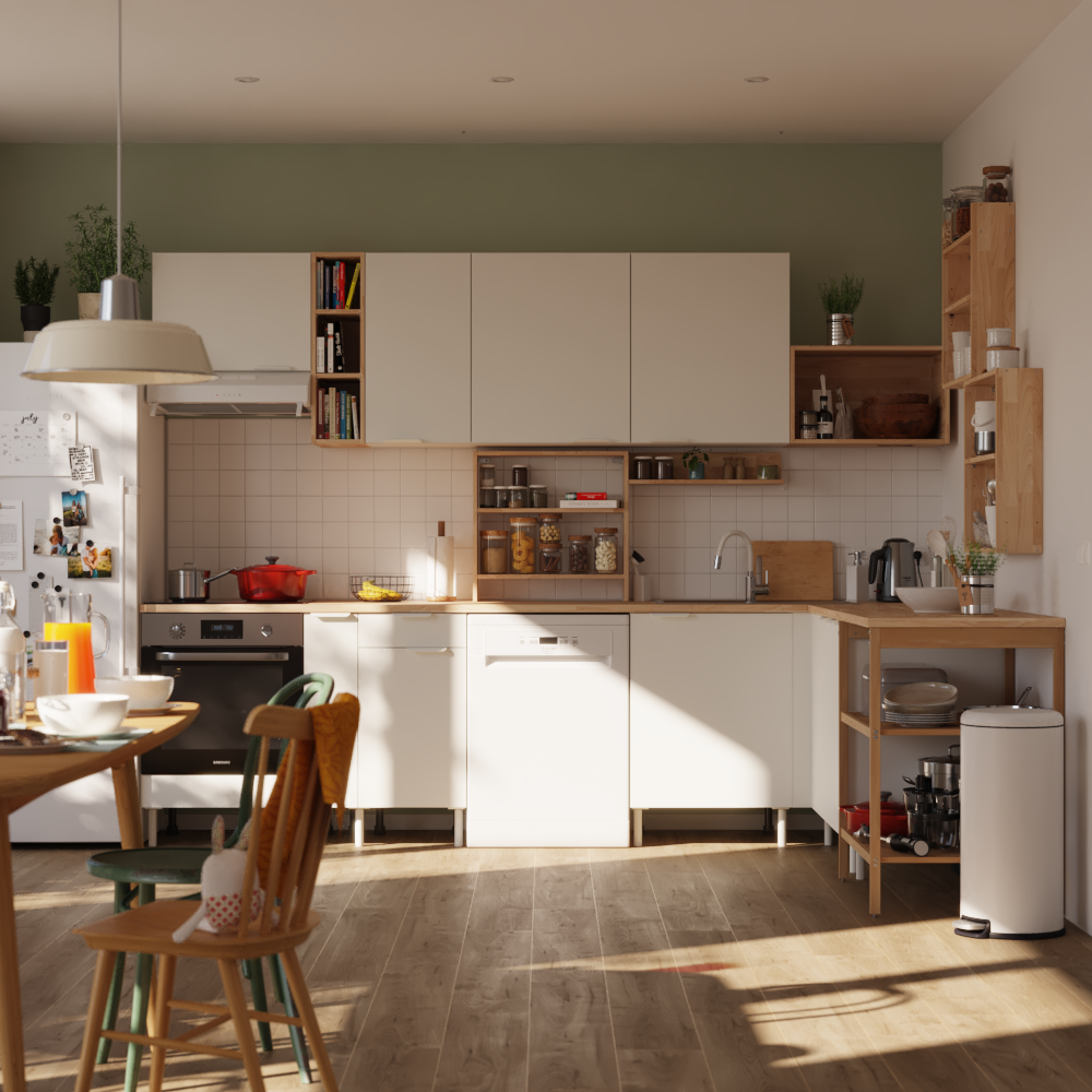 Cocina en kit en l eleki blanca 17 módulos l.305 x h.217 x p.226 cm