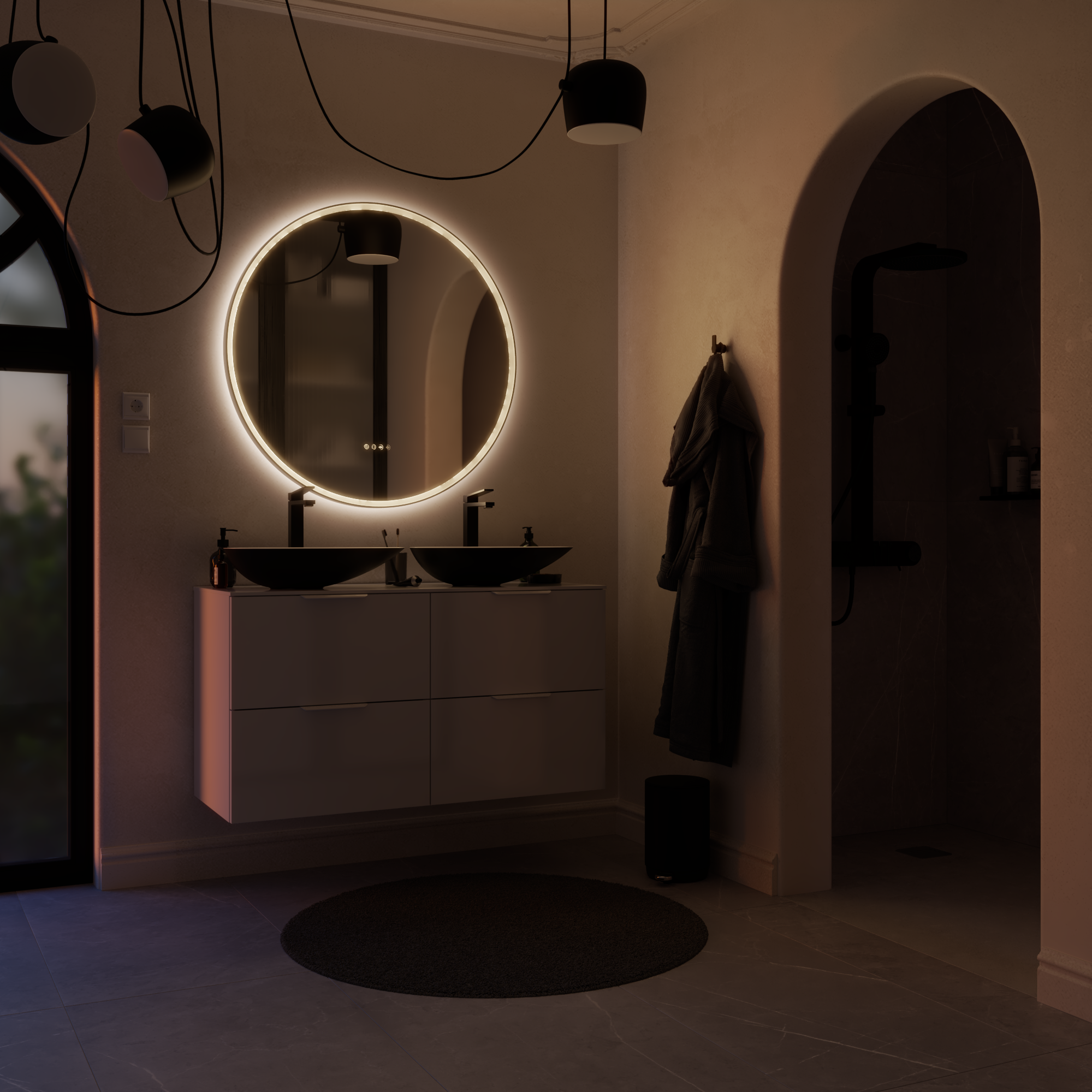 Espejo de baño con luz LED ambiente,  frontal, ,  New Frame negro con antivaho, táctil 100x100 cm - 10