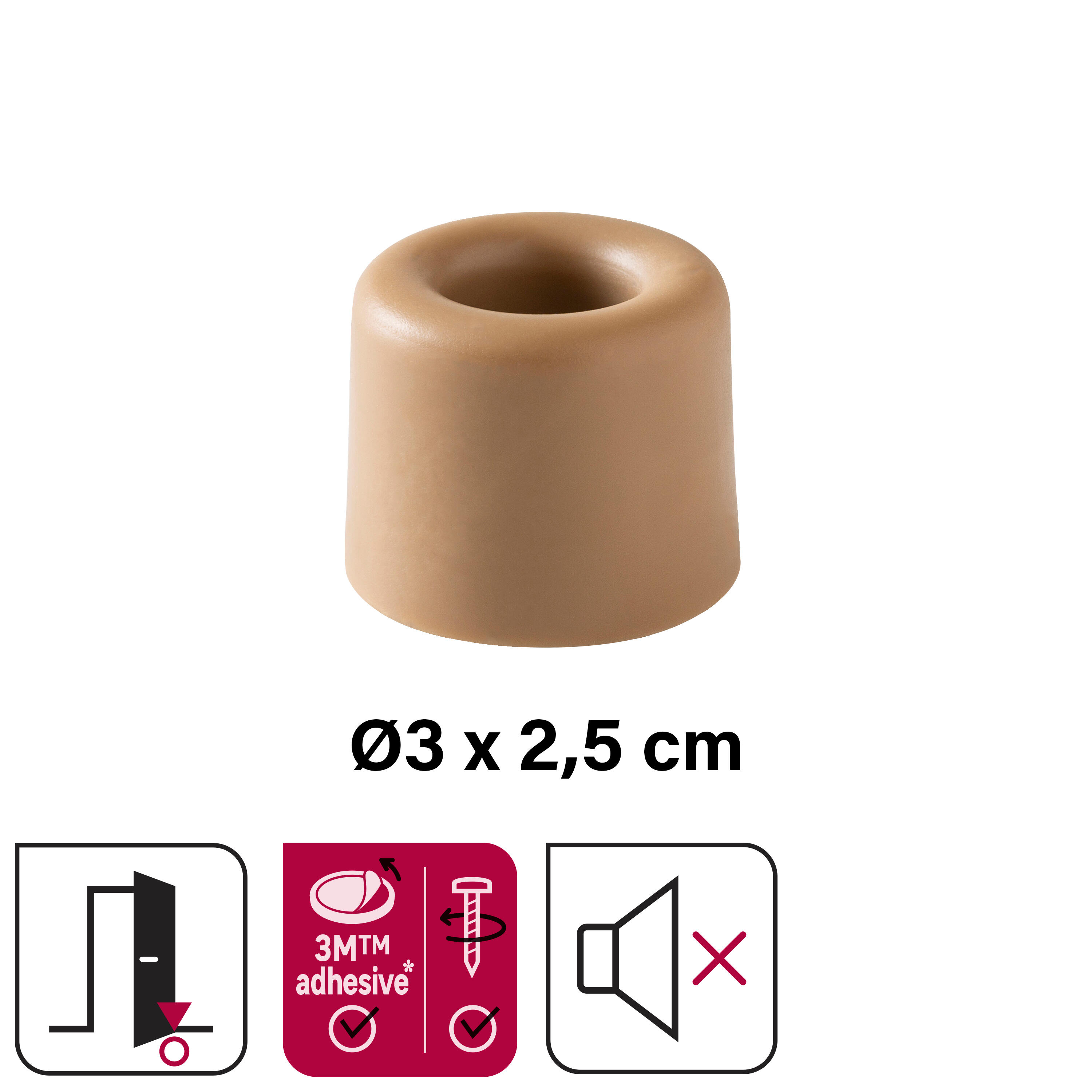 Butée de porte fixation hybride caoutchouc vulcanisé marron, ⌀3 x H.2.5 cm - 2