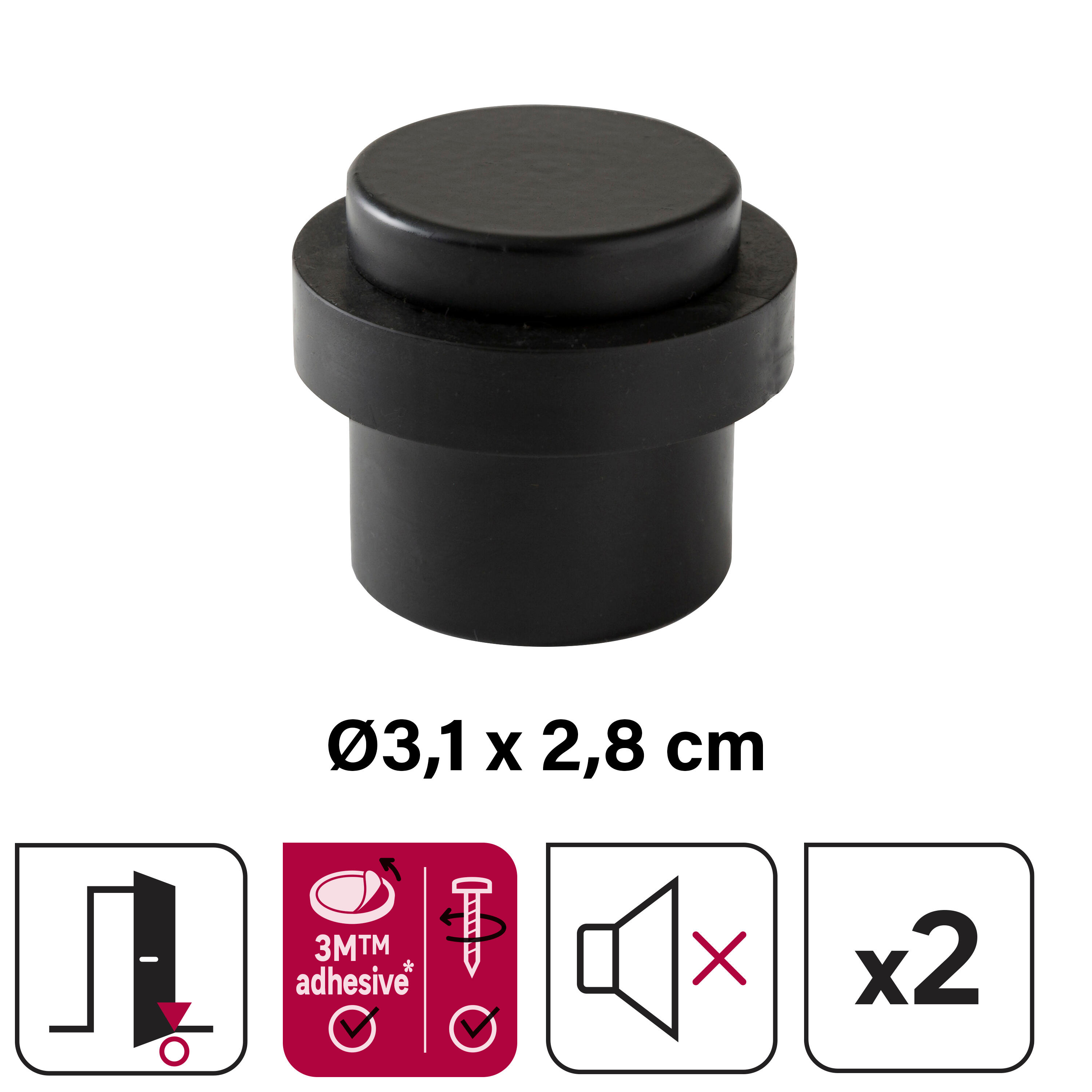 Lot de 2 butées de porte fixation hybride acier INSPIRE noir, ⌀2.7 x L.3.6 x H.3 - 2