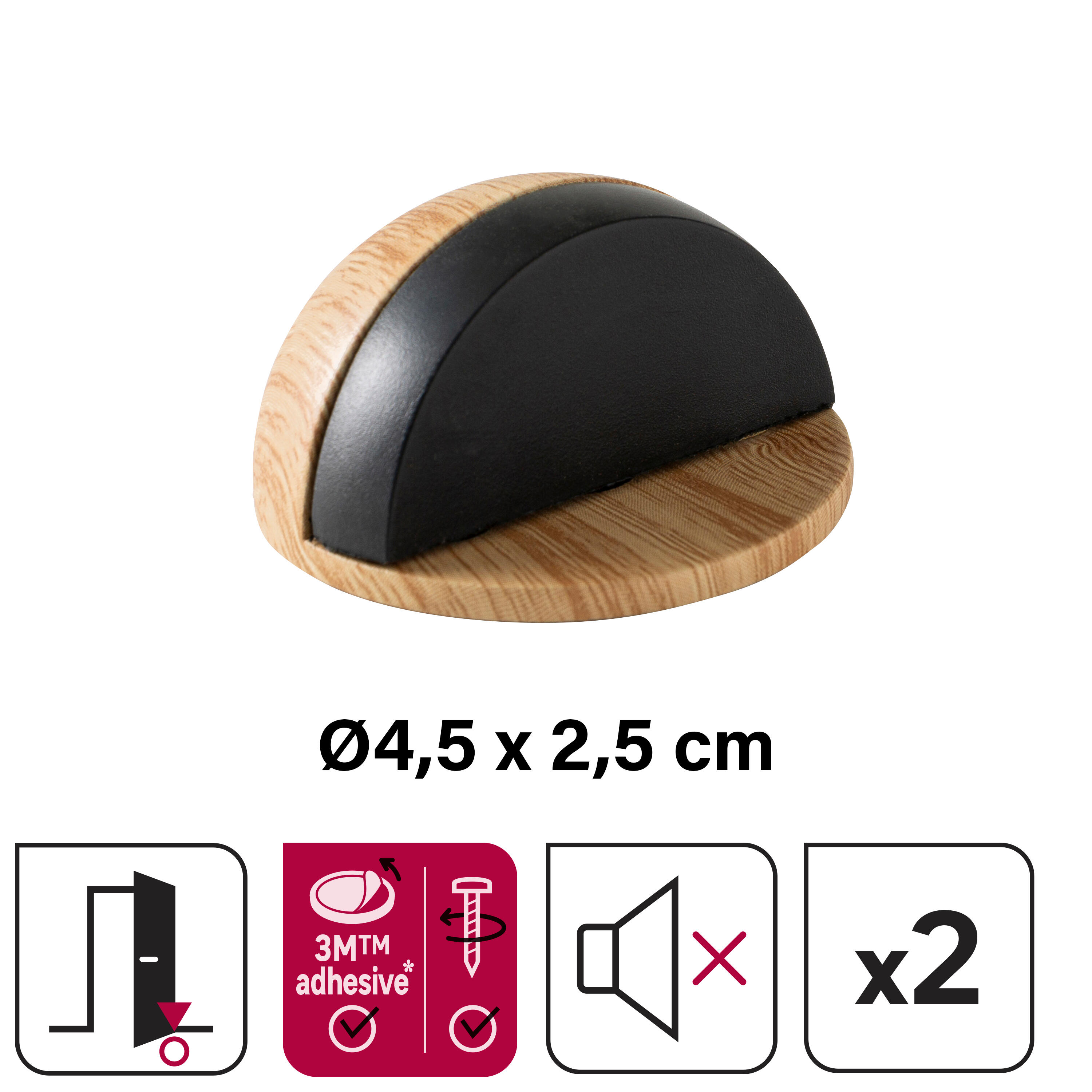 Lot de 2 butées de porte fixation hybride INSPIRE effet bois, ⌀4.7 x H.2.5 cm - 2