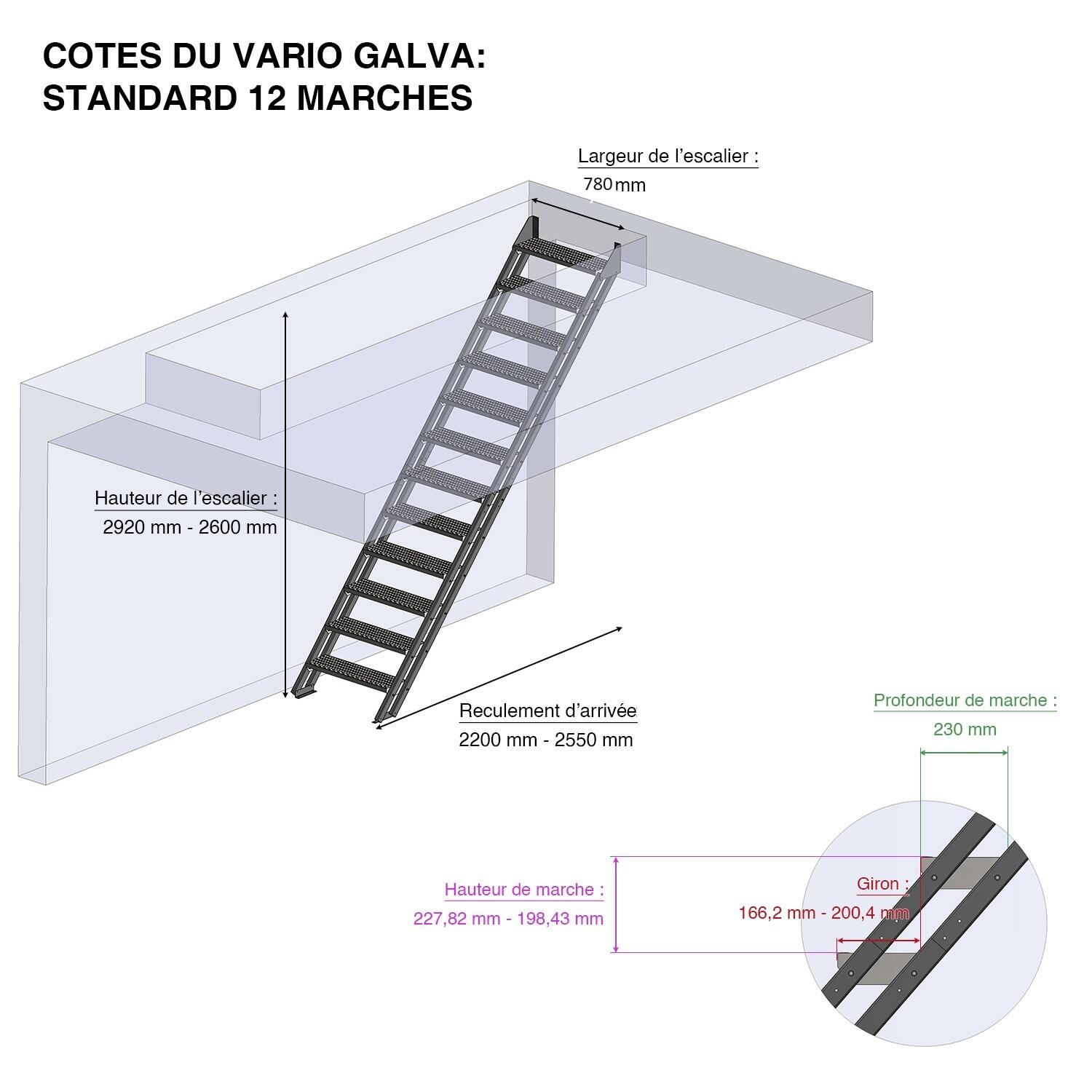 Escalier droit ESCAVARIO galvanisé 12 marches, l.78 cm - 6