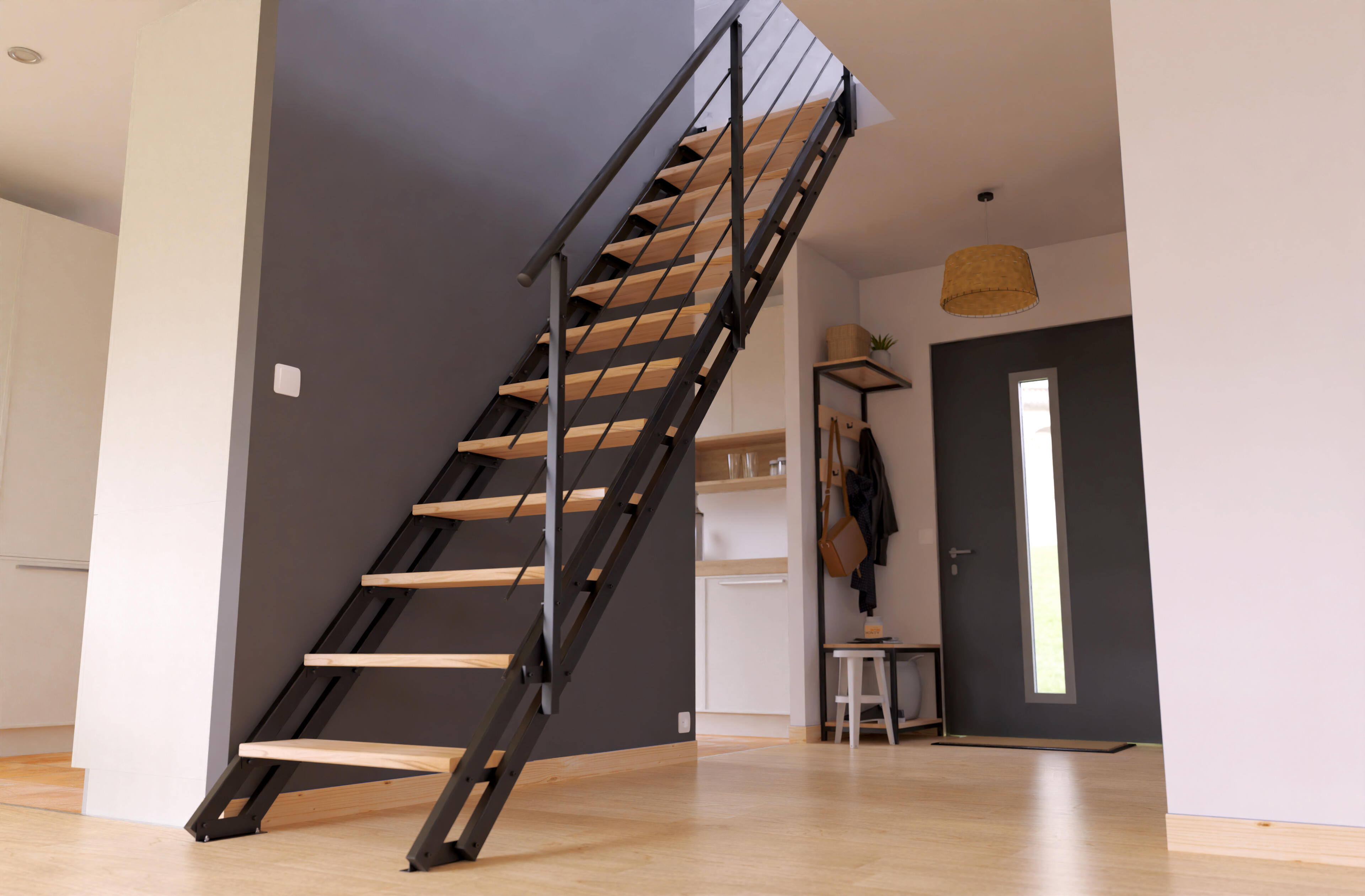 Escalier droit ESCAVARIO noir 12 marches hêtre verni, l.78 cm - 2