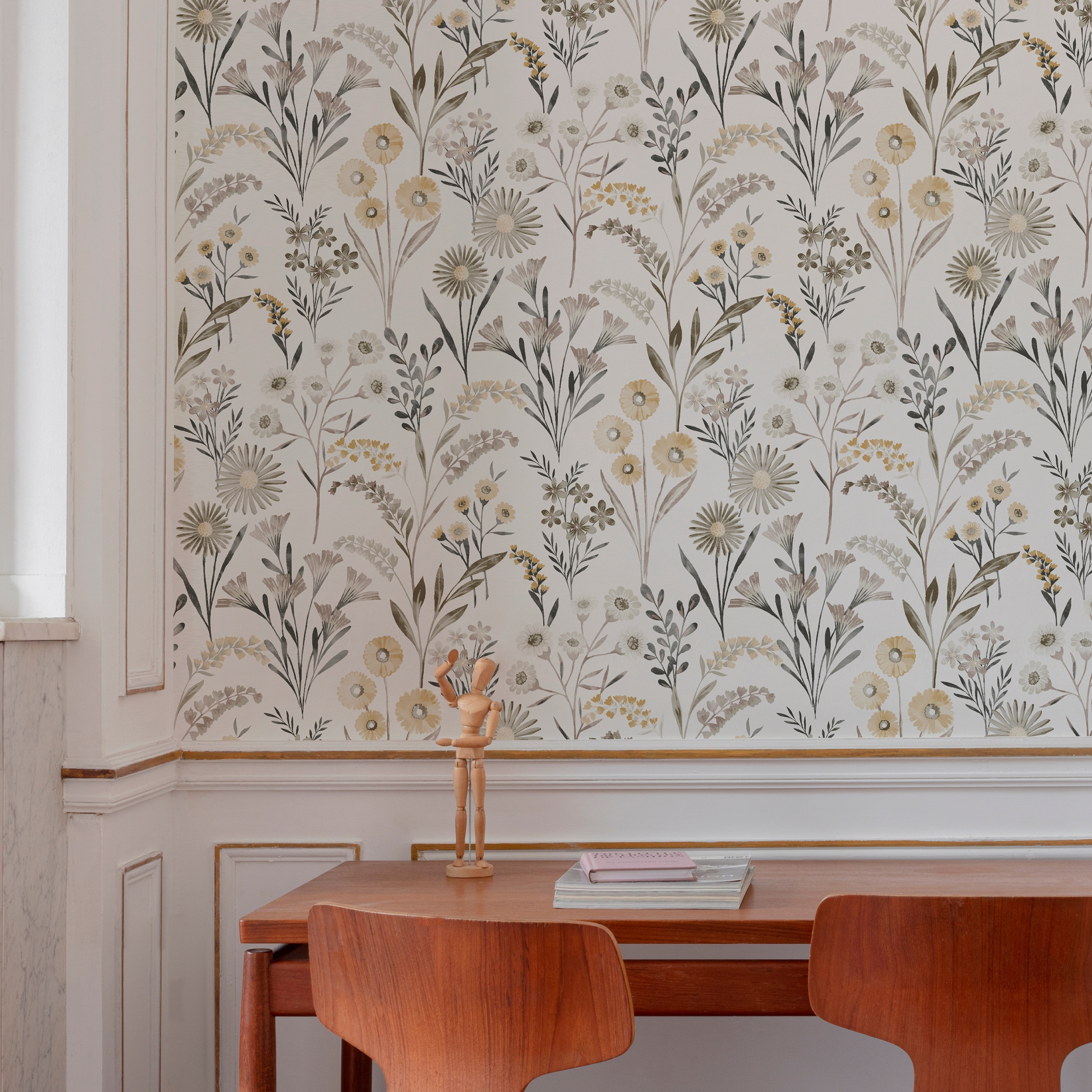 Papel pintado vinilo aplicación cola en pared Floral vegetal Meadow blanco, verde  INSPIRE 53cmx10.05m lavable - 2