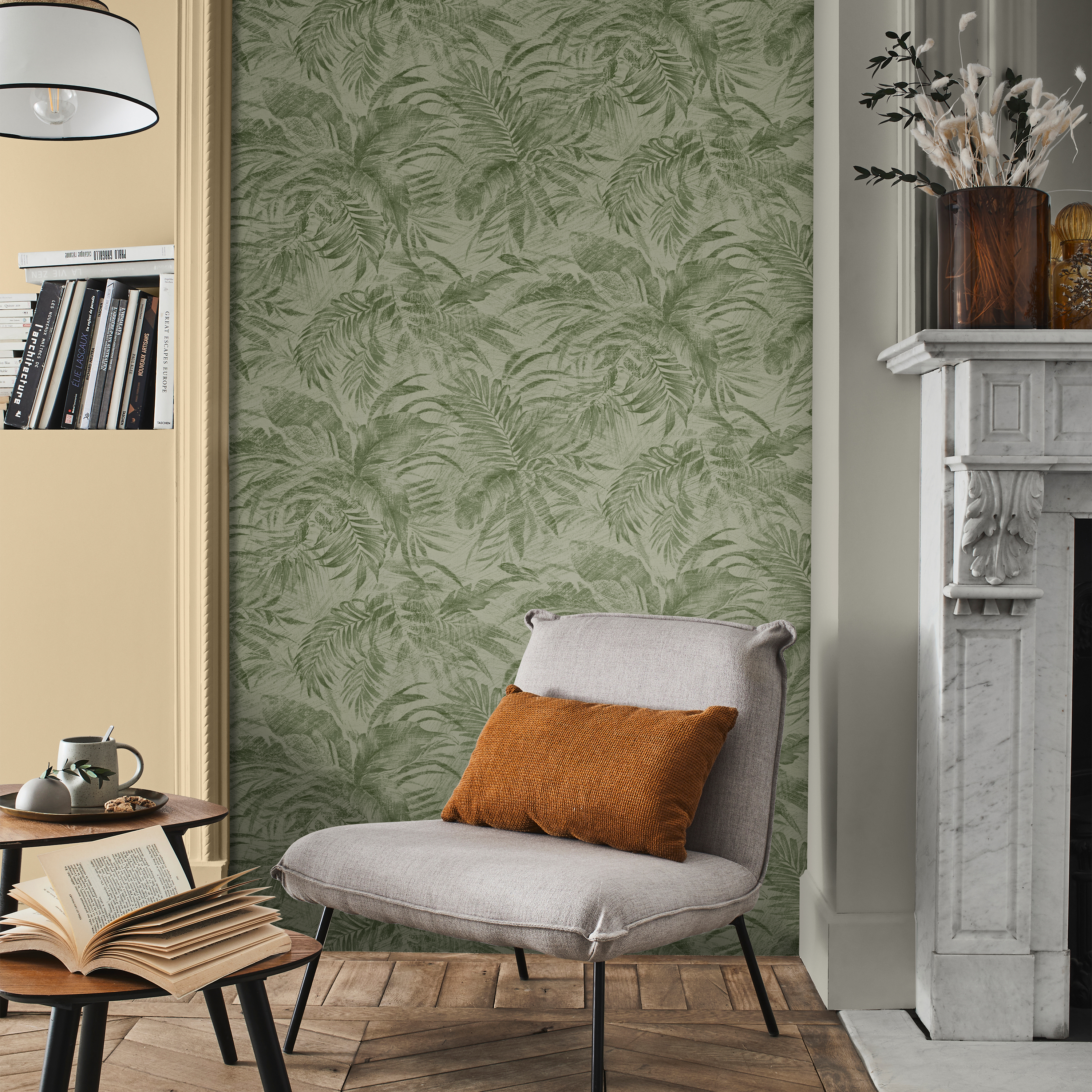 Papel pintado vinilo aplicación cola en pared floral vegetal aiden verde inspire 53cmx10.05m superlavable