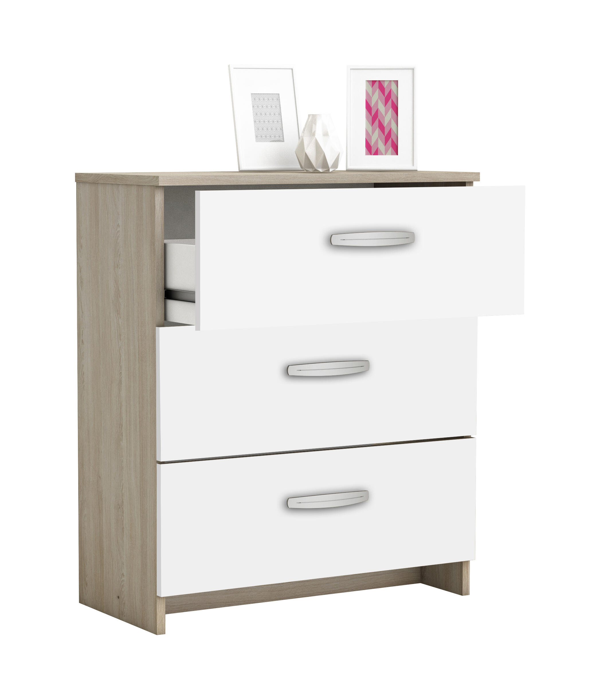 Cómoda NANO 3 cajones 60.5x71.7x29.4cm blanco/roble - 3