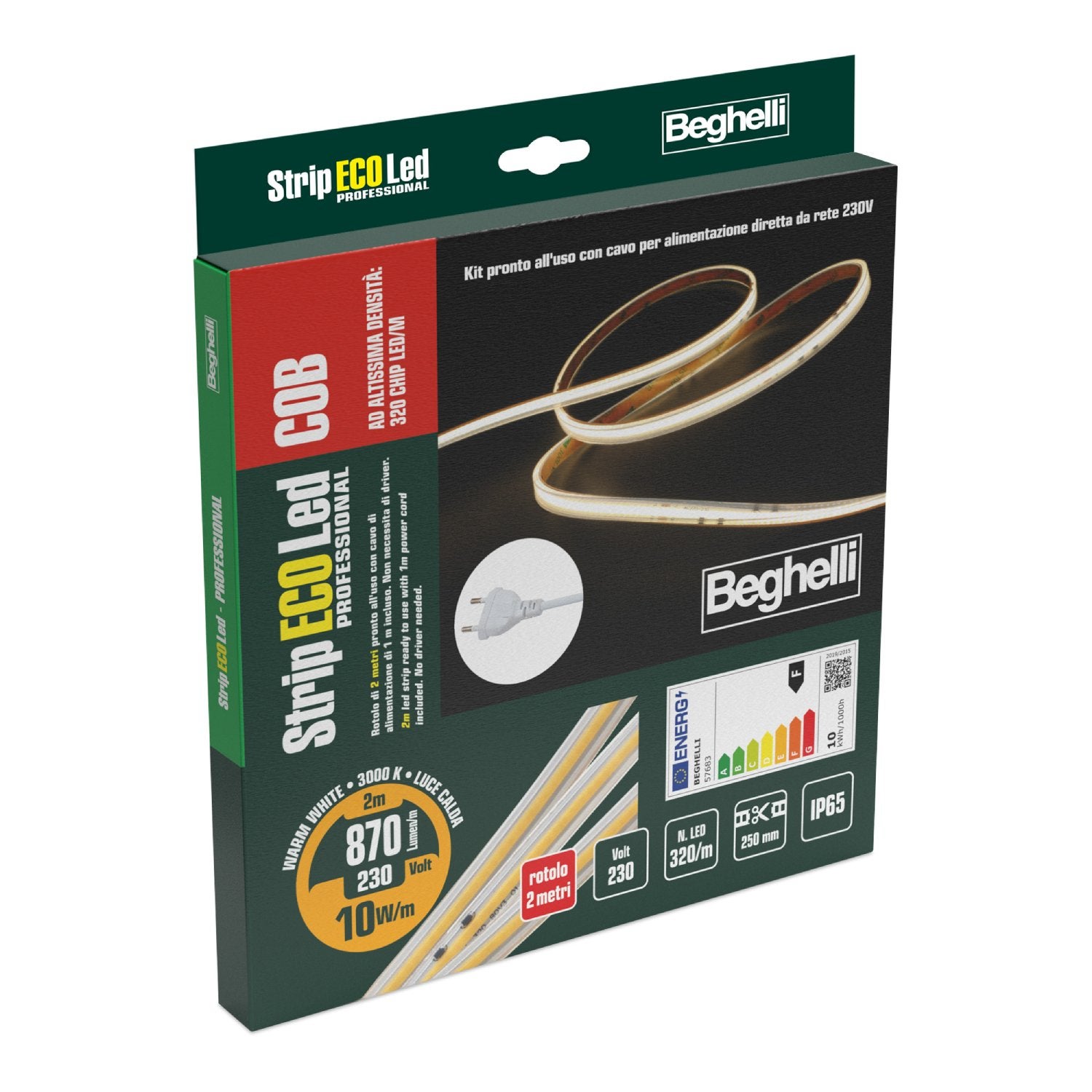 Kit striscia led STRIP COB AC230 10WIP65 3K 2M 2m luce bianco caldo BEGHELLI - 4