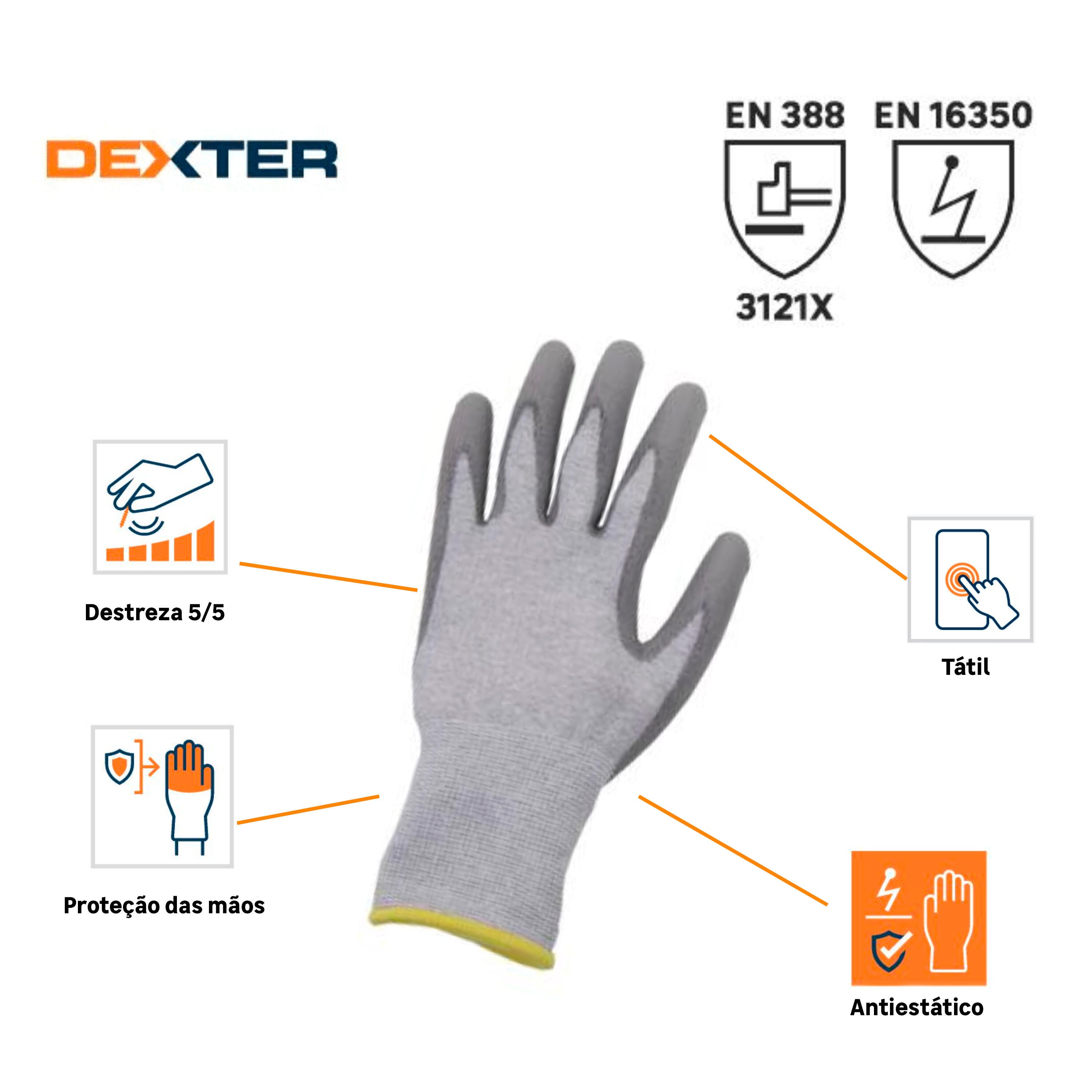 10 luvas de preçisão anti estática carbono, nylon e poliuretano Dexter - 5