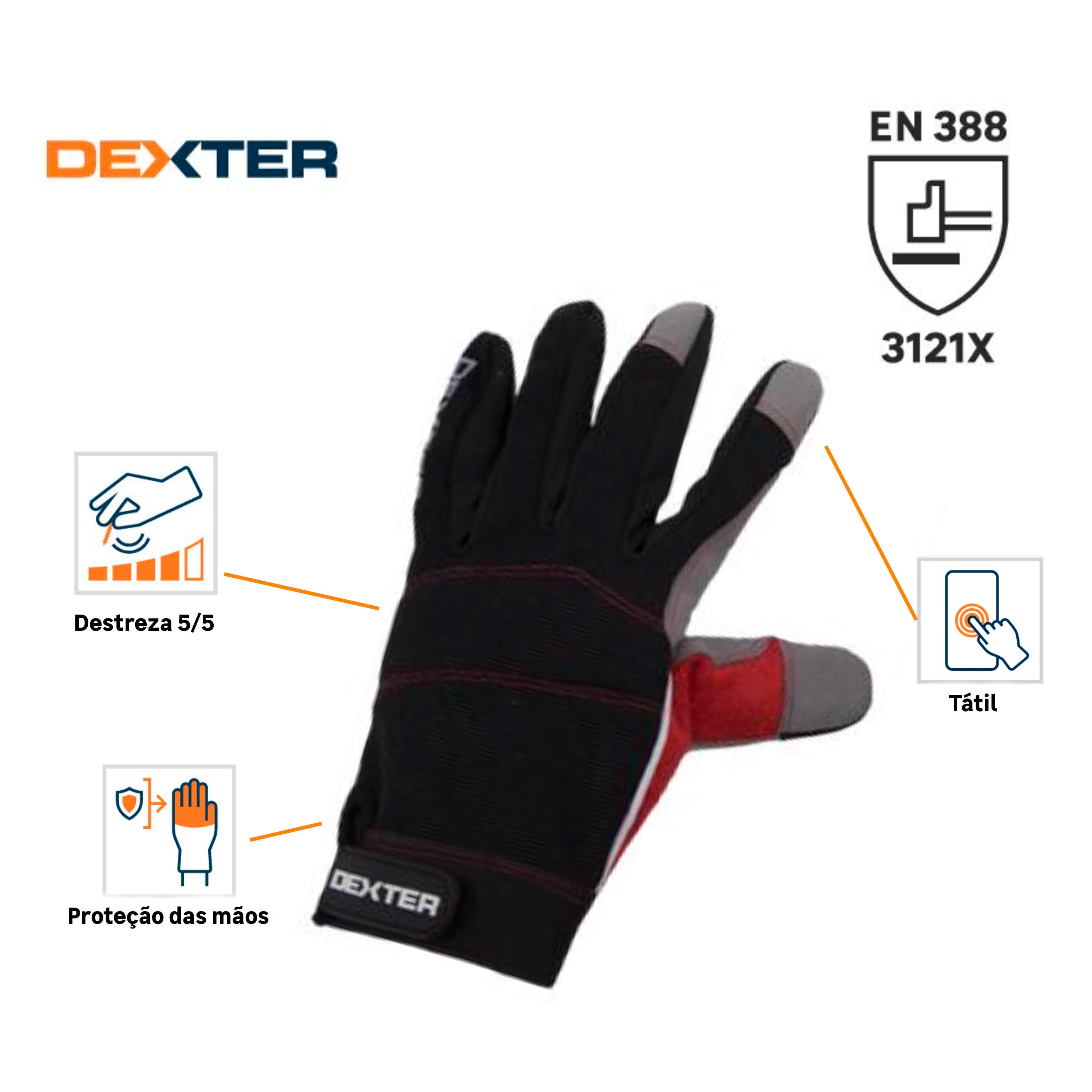 Luvas multifunções touchscreen poliéster, nylon e spandex tamanho 9L Dexter - 3