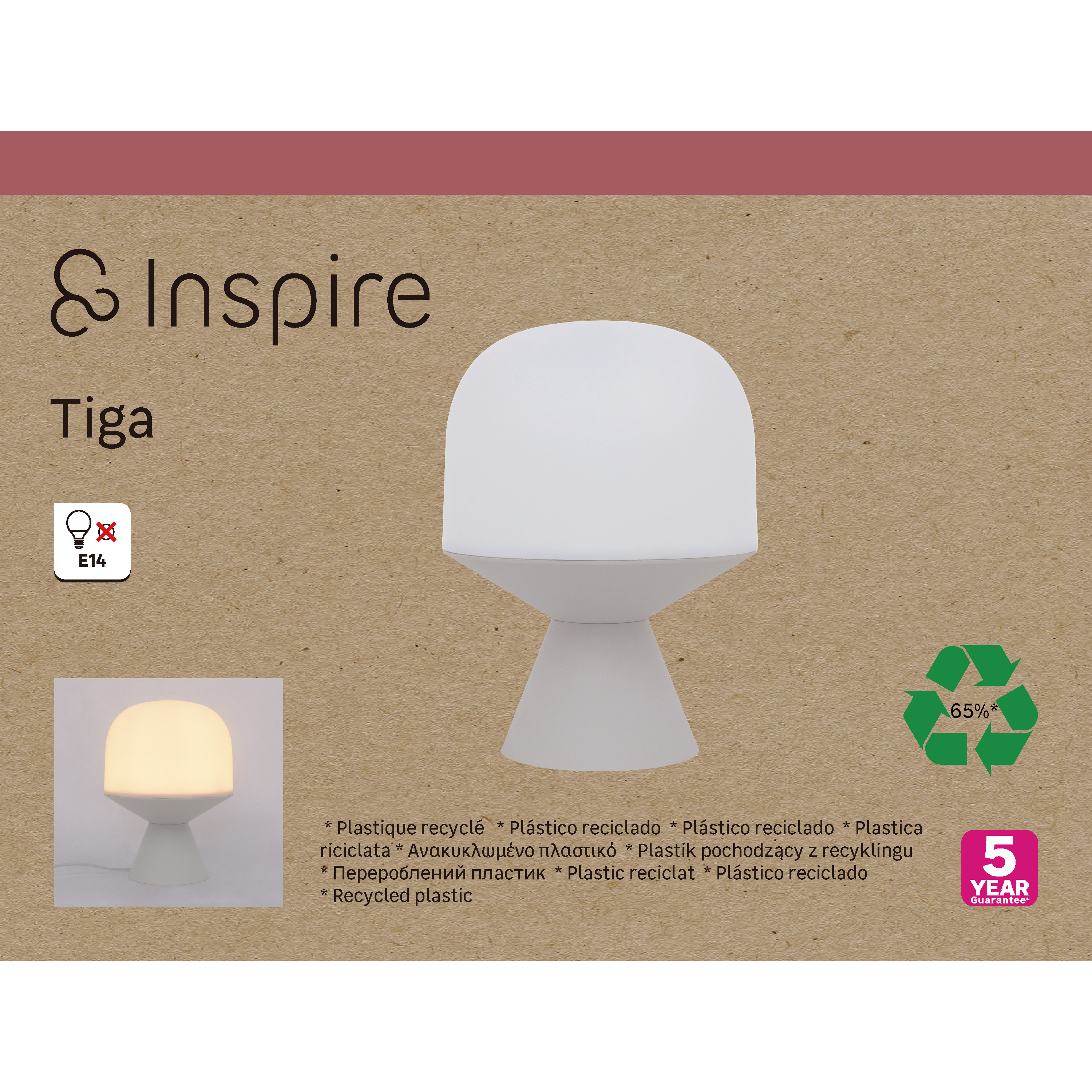 Lámpara de mesa compatible con casquillo E14 Tiga INSPIRE con estructura beige pantalla blanca alimentación a red - 5