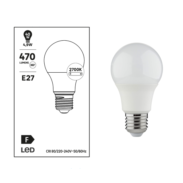 Ampoule led, E27, 470lm = 40W, blanc chaud