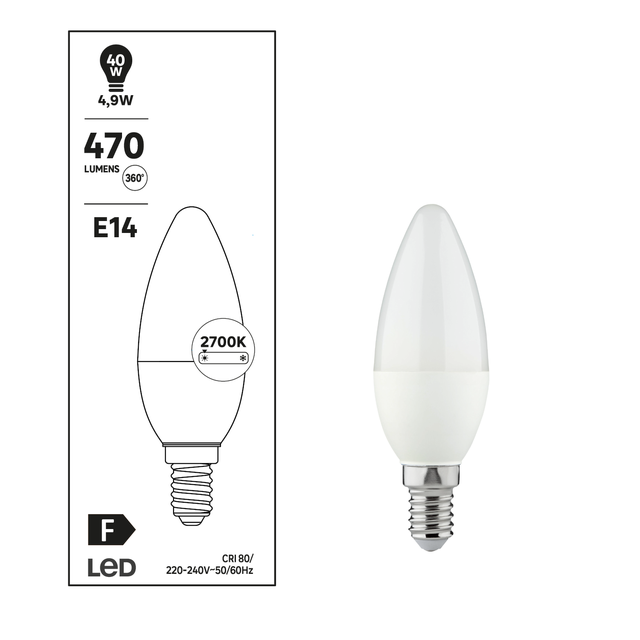 Ampoule led, flamme E14, 470lm = 40W, blanc chaud