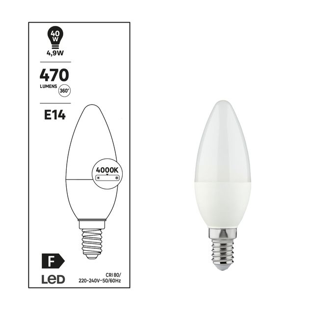 Lampadina LED, E14 oliva, smerigliato, luce naturale, 4.9W= 470 LM (equiv 40 W), 240°