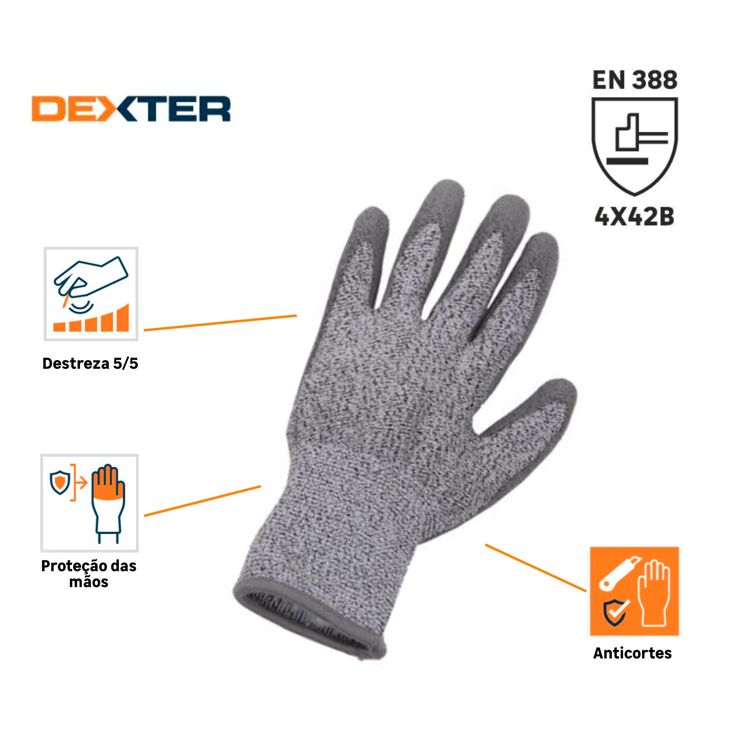 Luvas HPPE/PU anti corte  tamanho 9L Dexter - 4